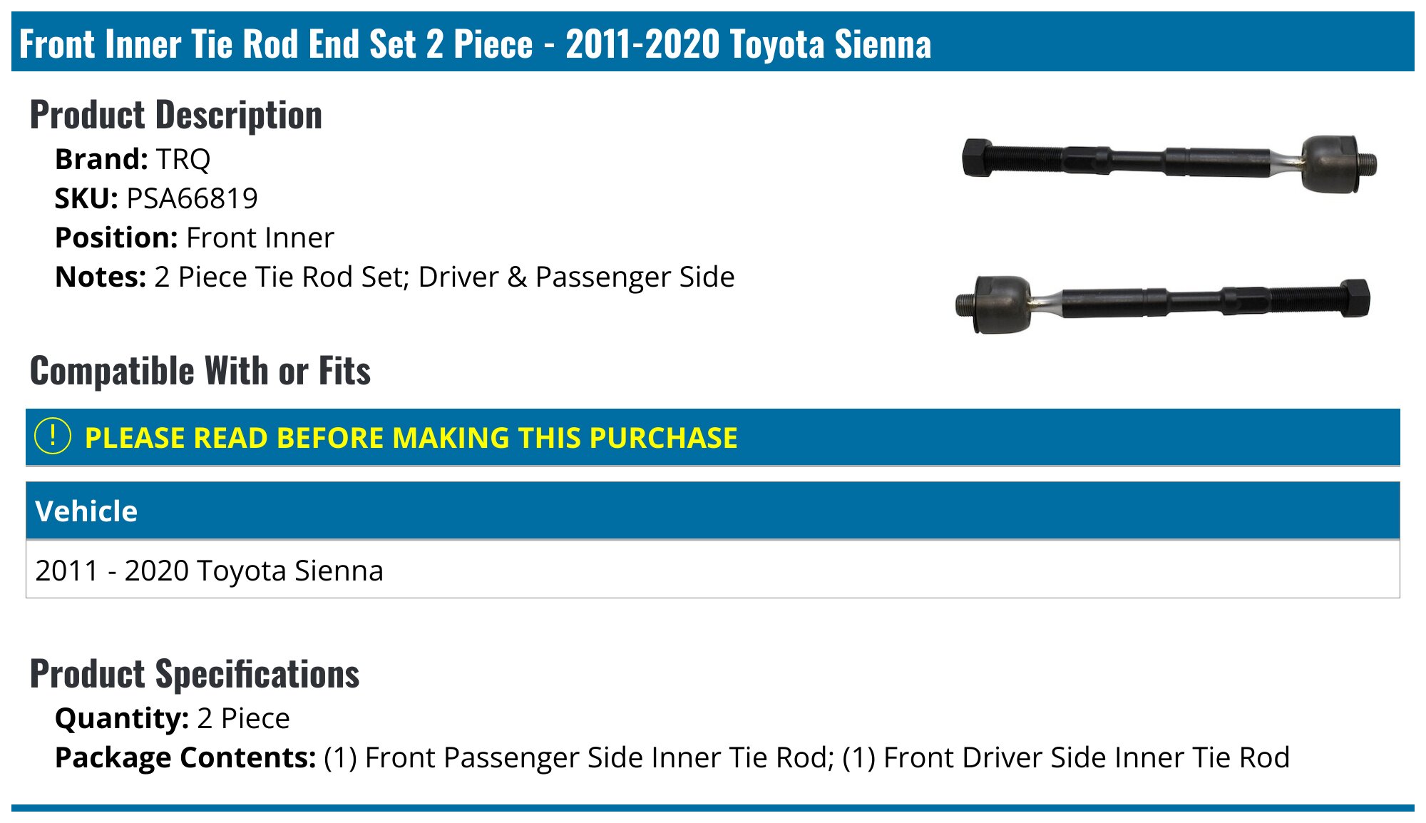 Front Left Outer Steering Tie Rod End For 2011-2019 Toyota Sienna TOR-ES800998 Front Left Outer Steering Tie Rod End For 2011-2019 Toyota Sienna TOR-ES800998