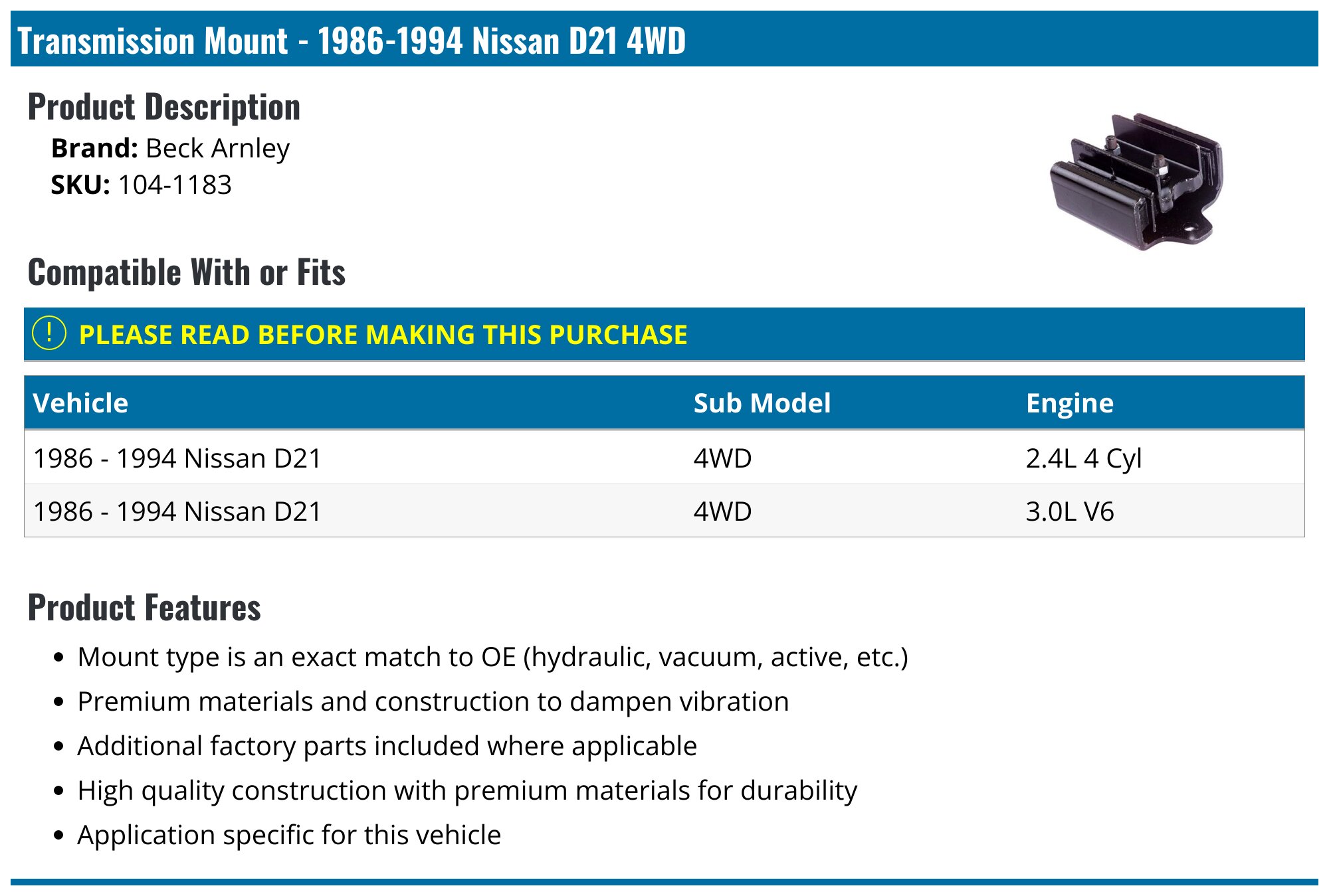 Nissan D21 Transmission Mount - Best Transmission Mount for Nissan D21 Nissan D21 Transmission Mount - Best Transmission Mount for Nissan D21