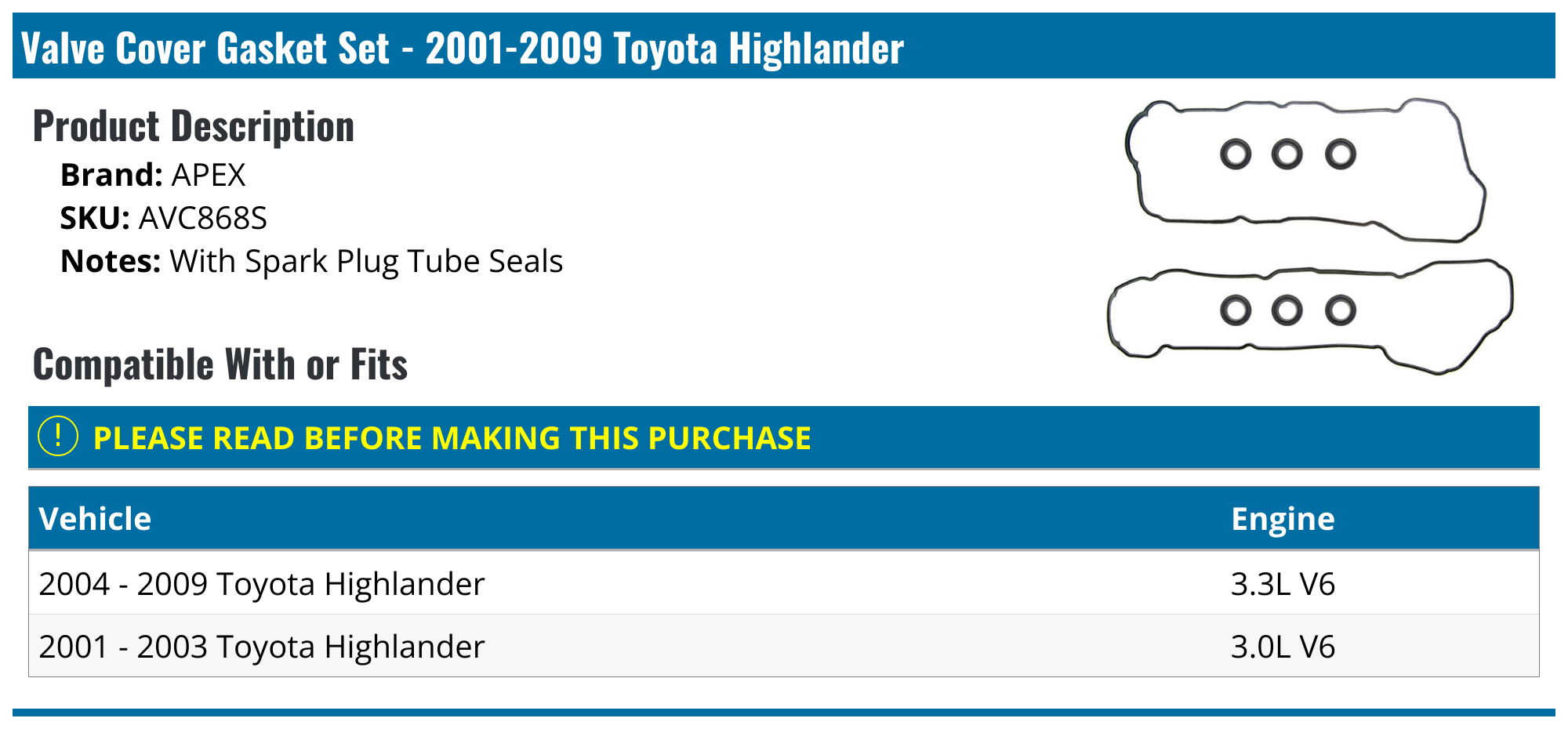 20012010 Toyota Highlander Valve Cover Gasket APEX AVC868S