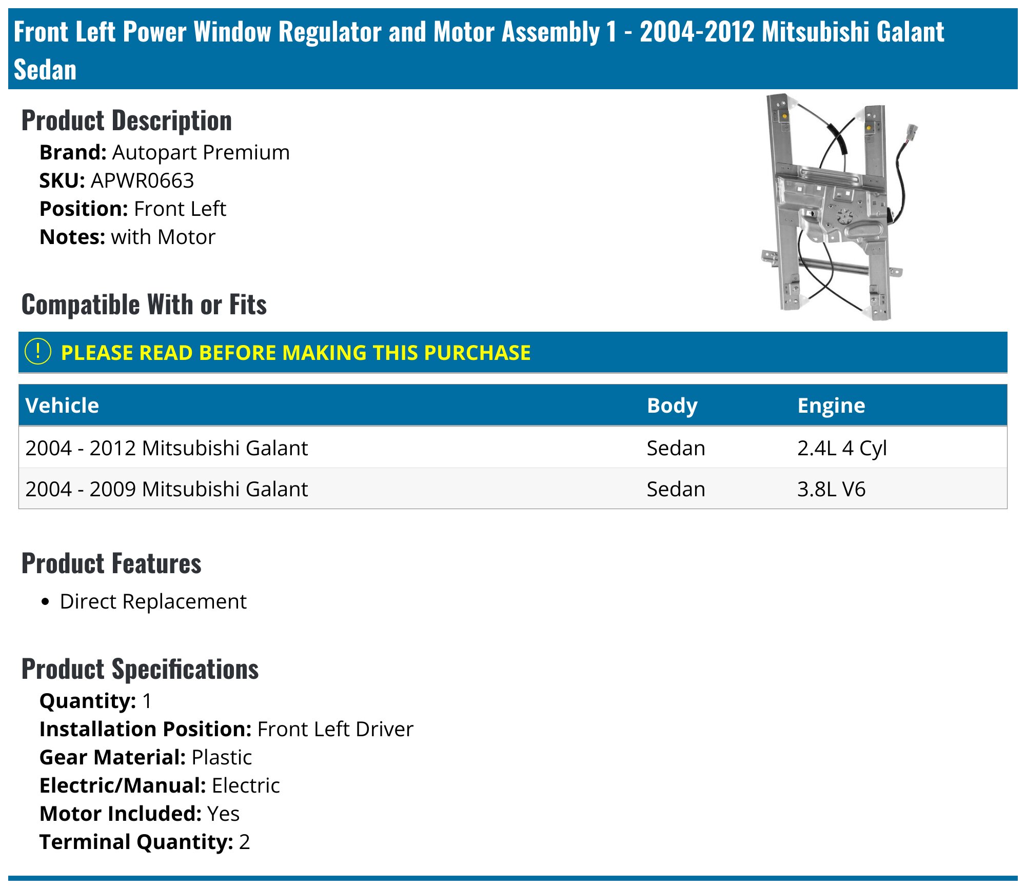 Evan-Fischer Power Window Regulator With Motor – Front Left For Mitsubishi Galant 2004-2012