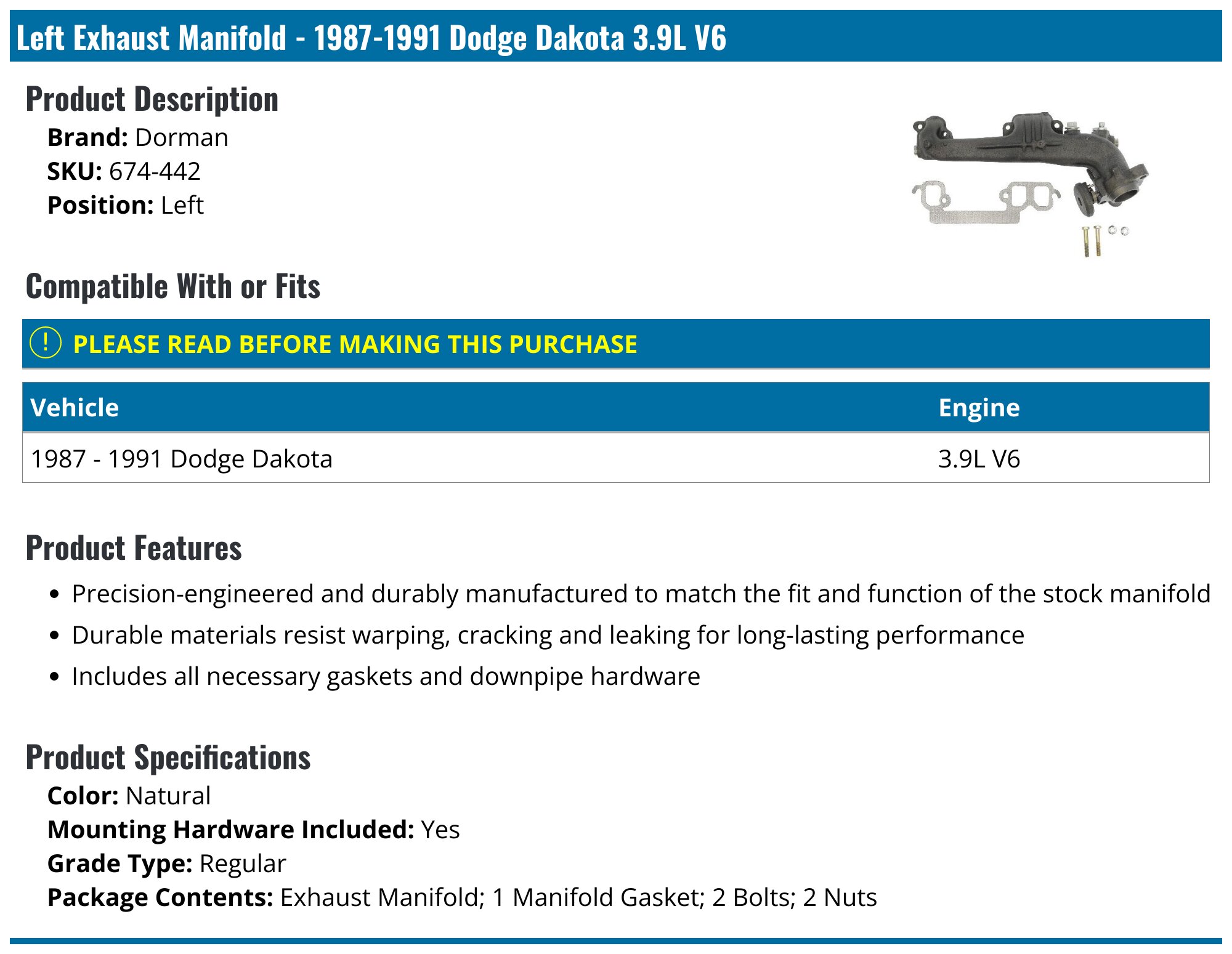 Left & Right Exhaust Manifolds With Gasket Kit For Dodge Ram 1500 Dakota 3.7L – 2004-2016, Cast Iron