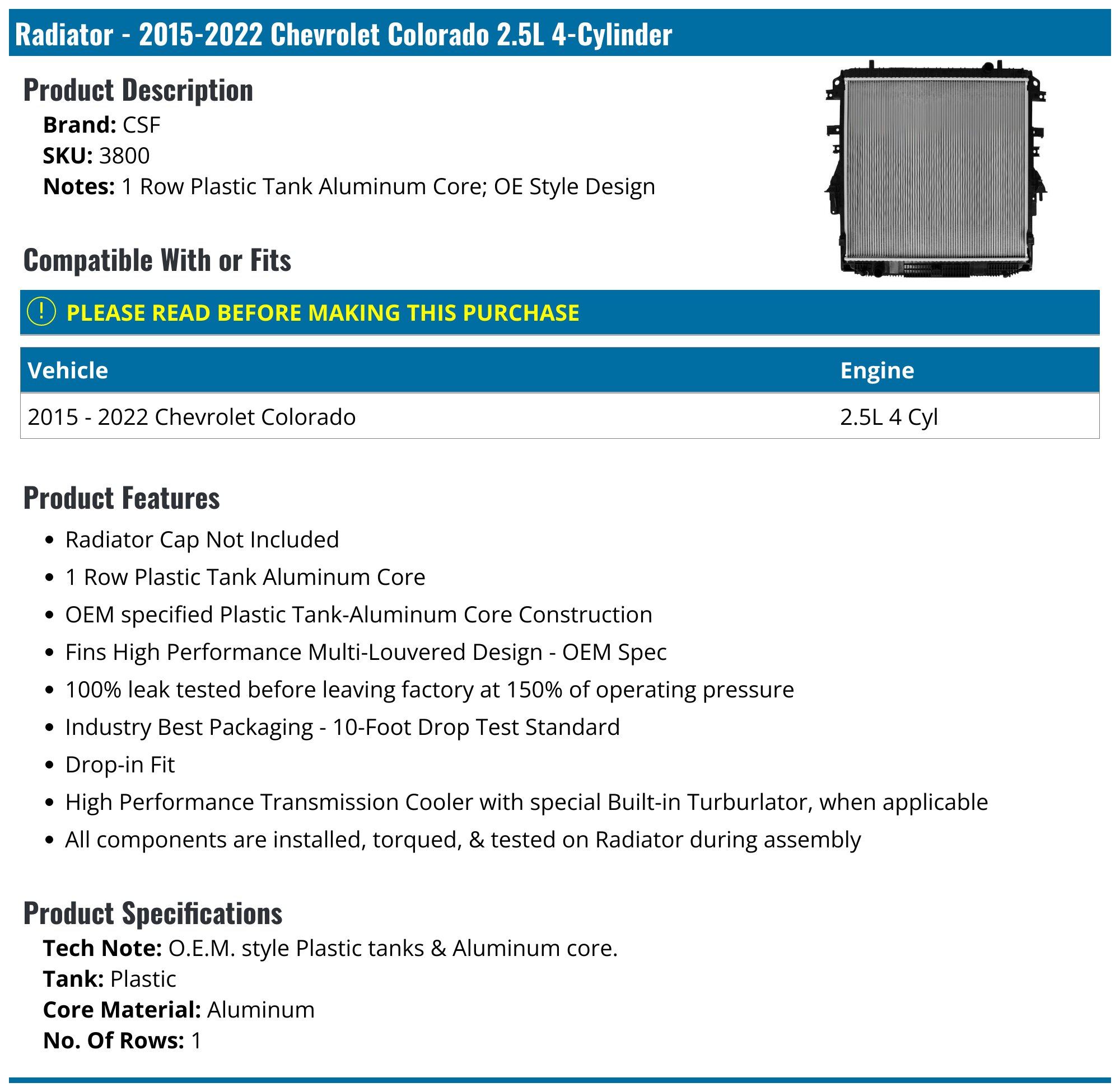 2015-2022 Chevrolet Colorado Radiator - CSF 3800 - PartsGeek.com