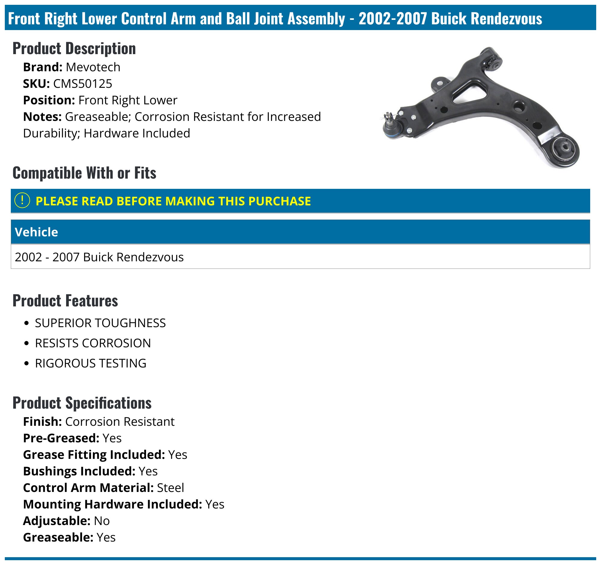 2002-2007 Buick Rendezvous Control Arm - Mevotech CMS50125 - Front ...