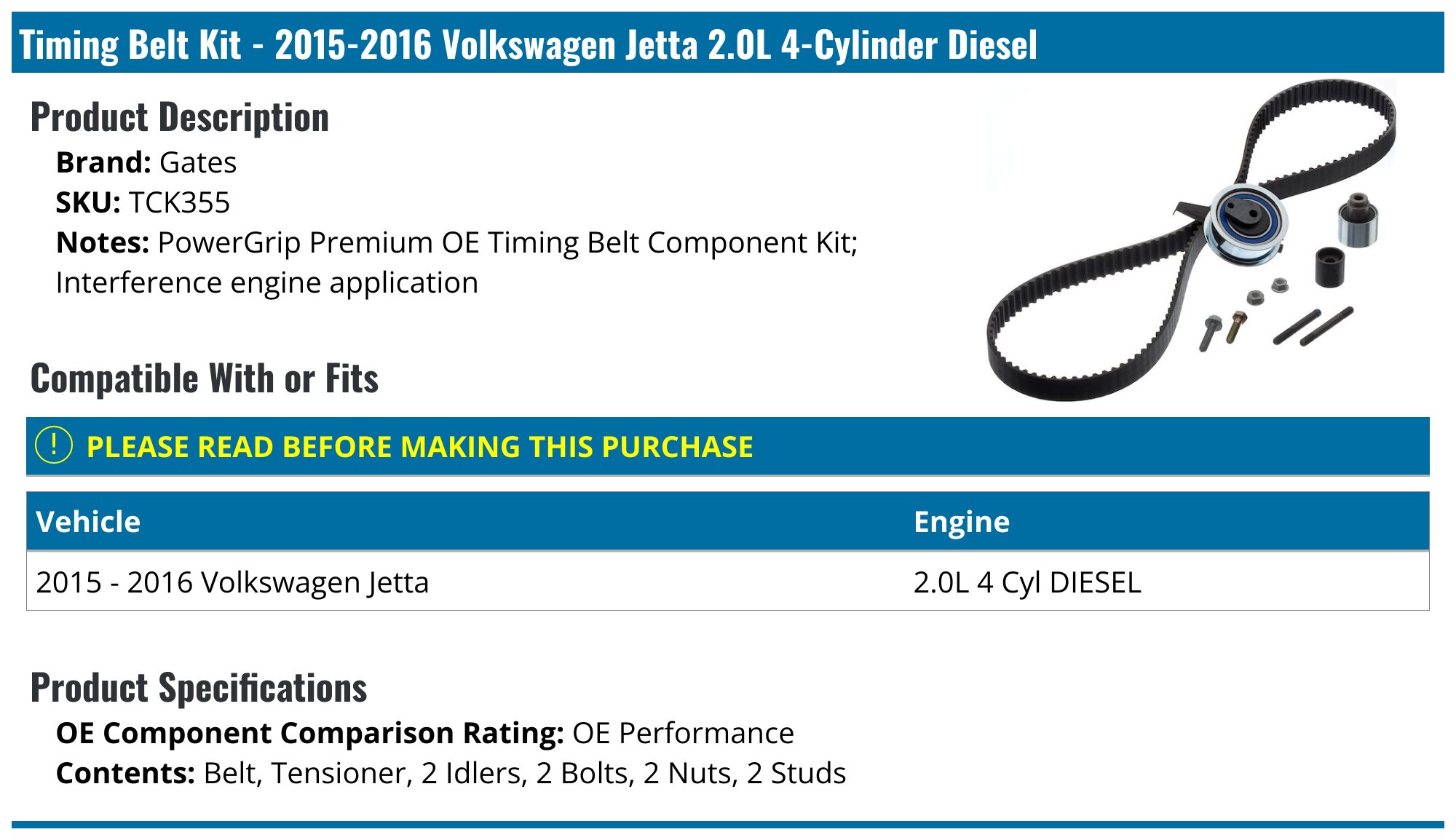 2015-2016 Volkswagen Jetta Timing Belt - Gates TCK355 - PartsGeek.com