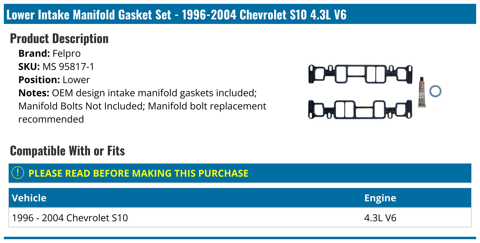 Fel-Pro MS 95817-1 Engine Intake Manifold Gasket Set! Free Shipping! | UK
