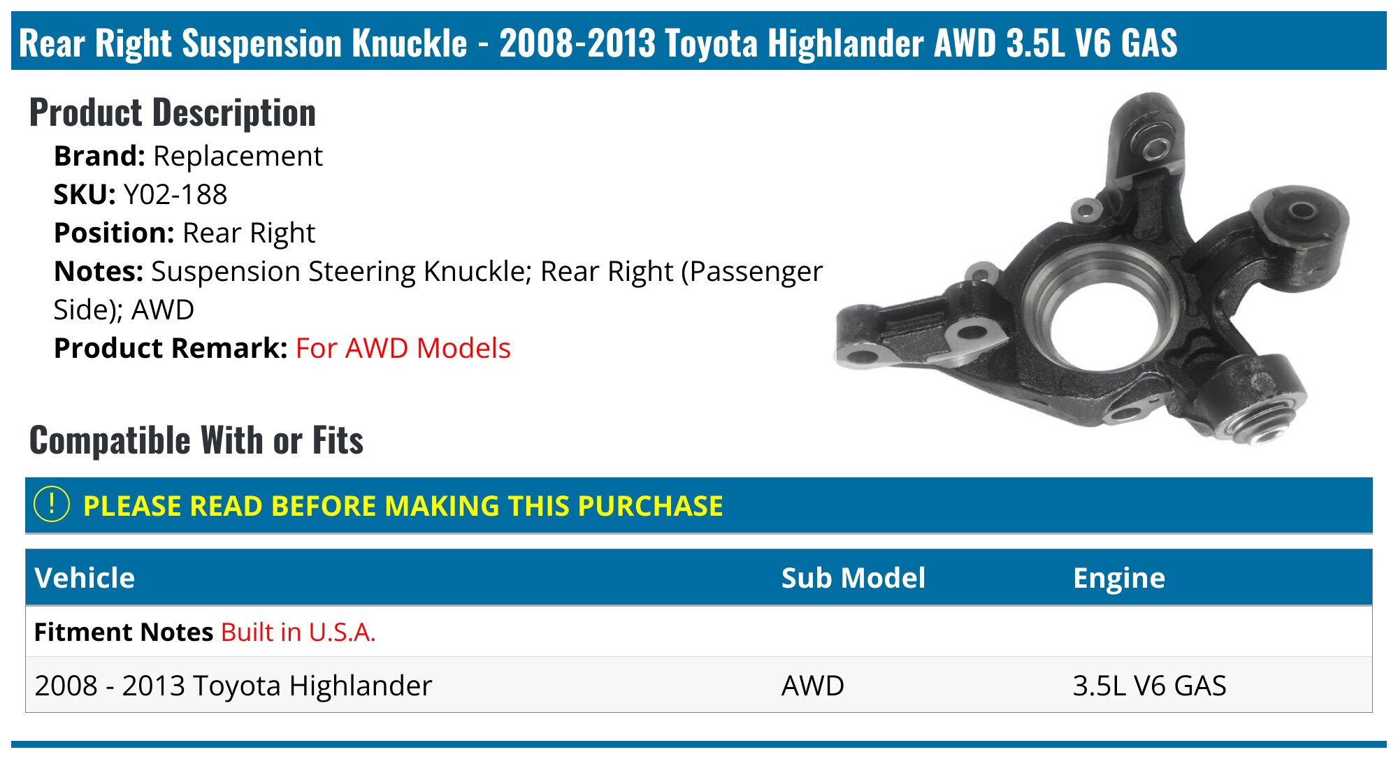 Rear Left & Right Steering Knuckles For Toyota Highlander 2008-2013 & Venza AWD 2009-2015