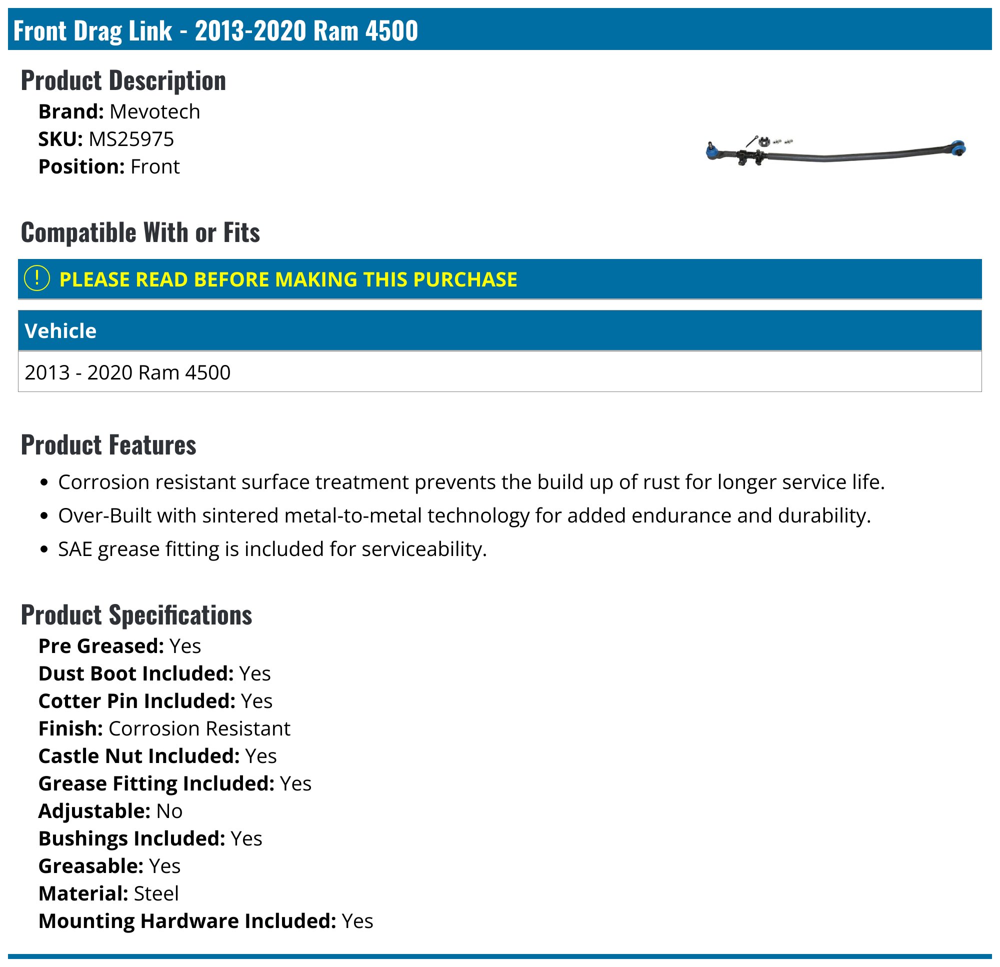 2013-2020 Ram 4500 Drag Link - Mevotech MS25975 - Front - PartsGeek.com