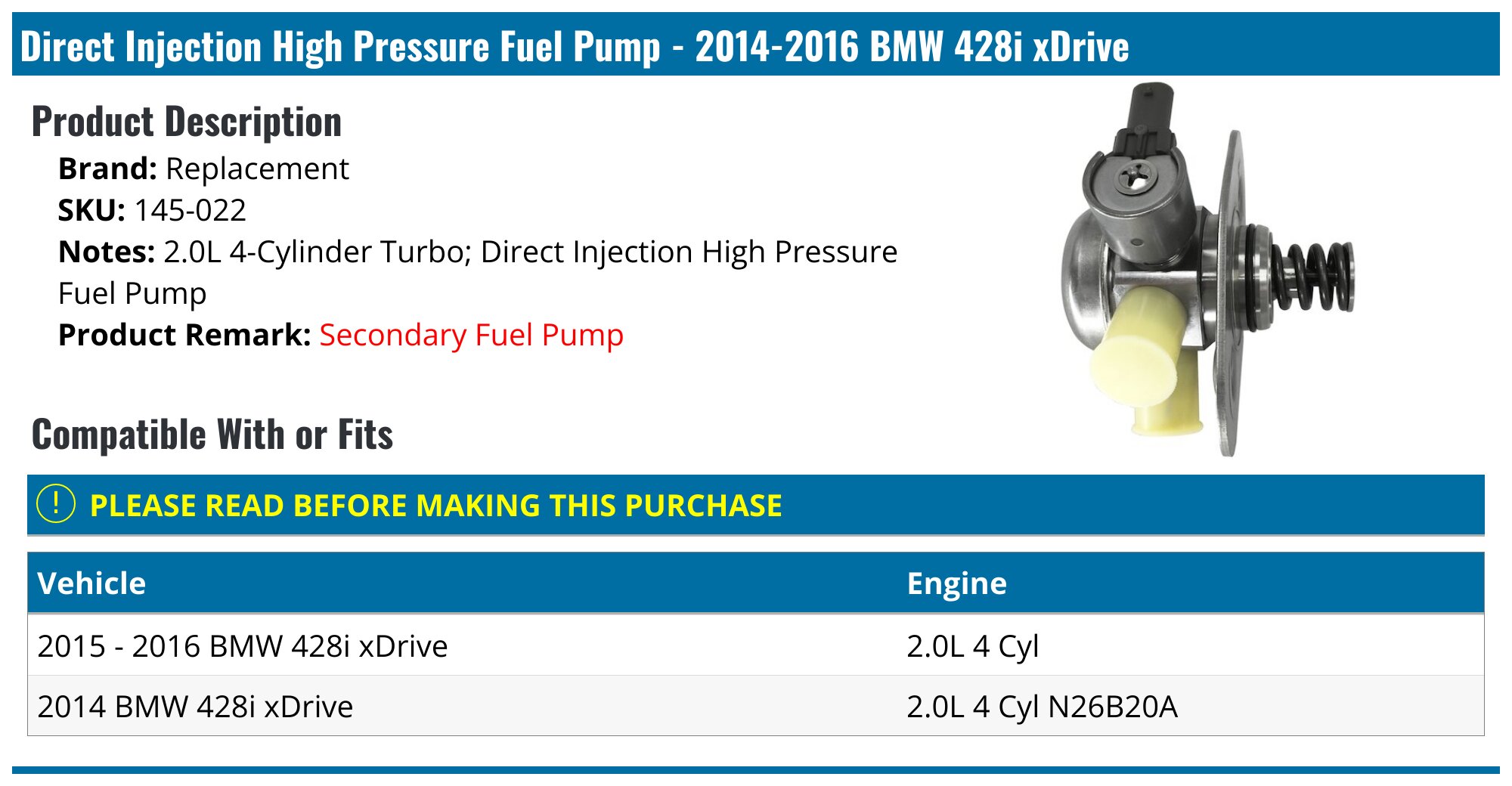 2014-2016 BMW 428i xDrive Fuel Pump - Replacement 145-022 - PartsGeek.com
