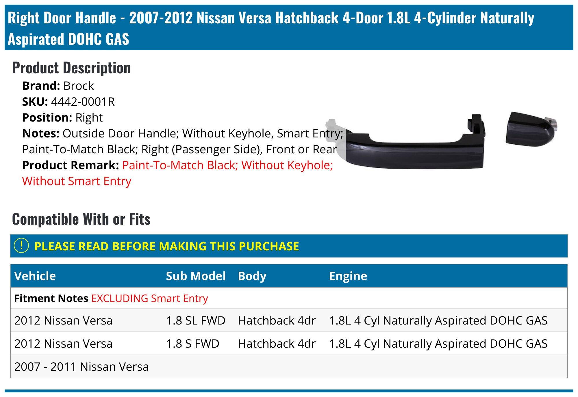 2007-2012 Nissan Versa Door Handle - Brock 4442-0001R - Right ...