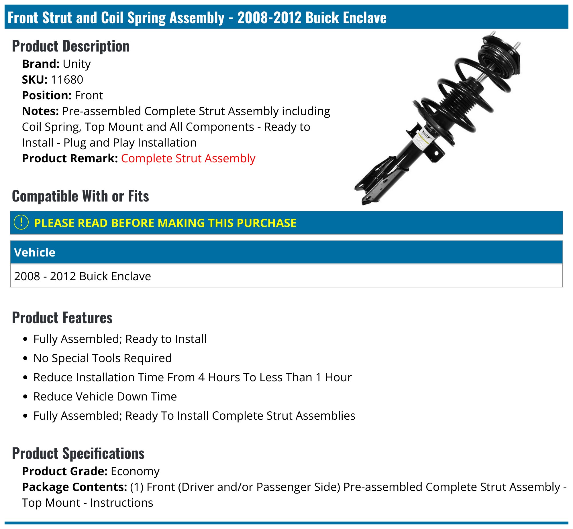 PM Auto PM7000398&PM7000398&PM6001191&PM6001191 Front - Rear Set of 4 Quick Complete Strut - Shock For 2008-2012 Buick Enclave, Struts - Canada