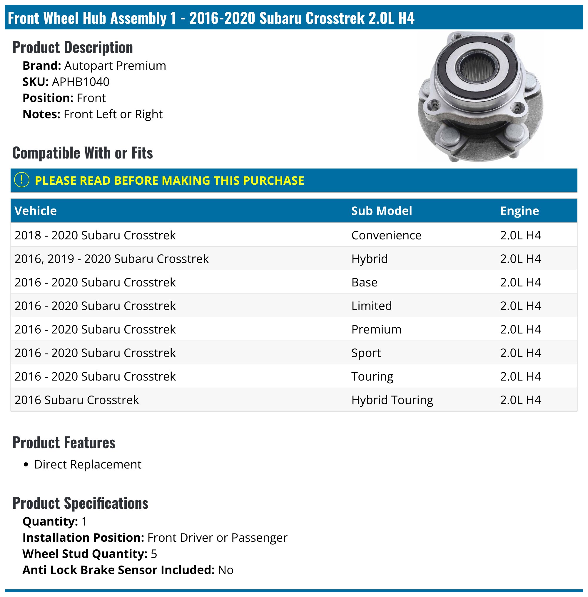 2x Front Wheel Hub Bearing Assembly – Subaru Crosstrek, Forester, Impreza, Topcn-autoparts