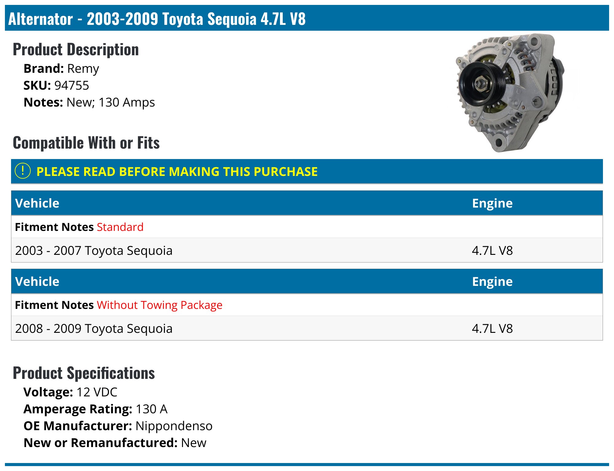 Toyota Sequoia Alternator - Car Alternators - Autopart Premium