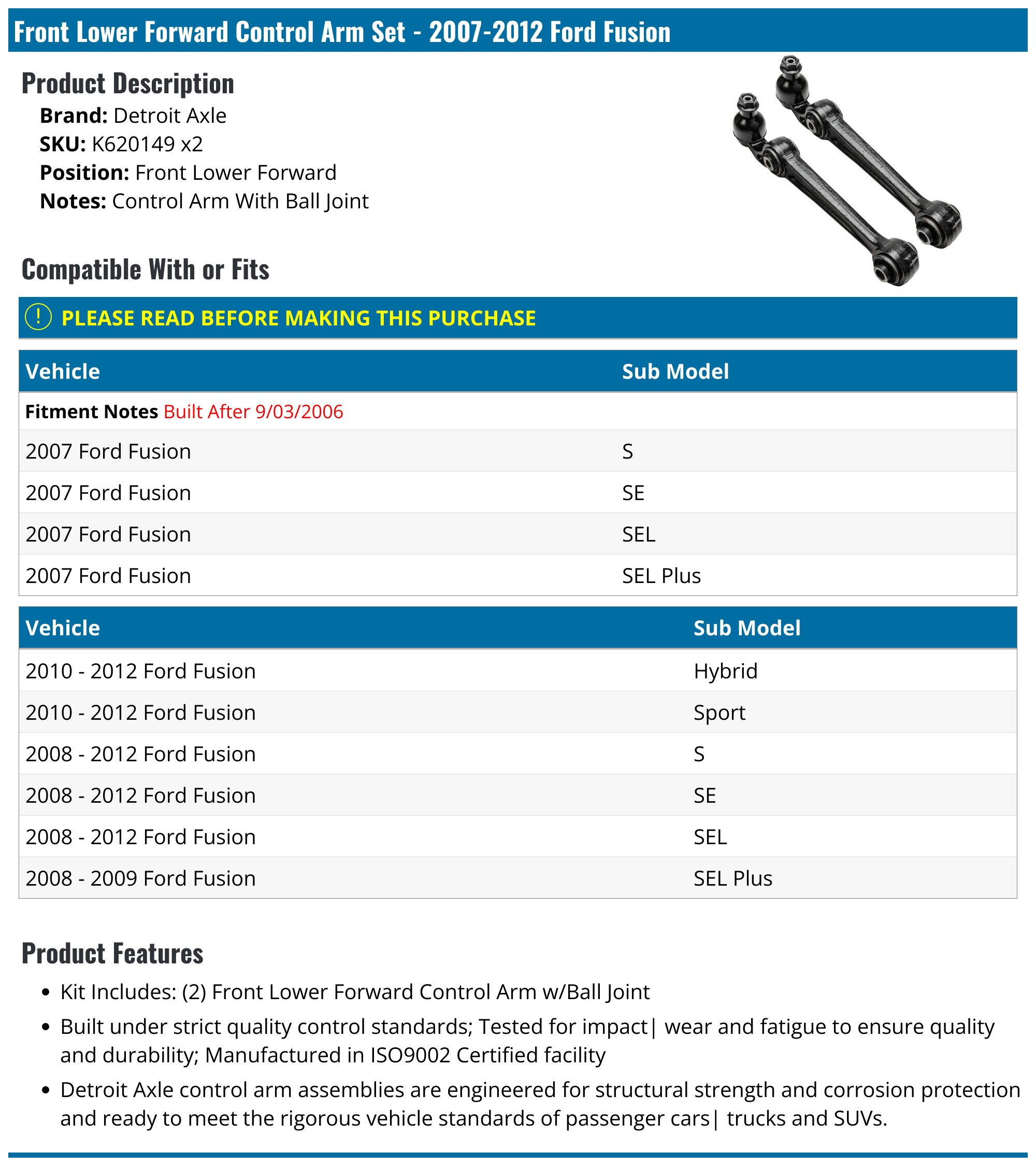 20072012 Ford Fusion Control Arm Detroit Axle K620149 x2 Front