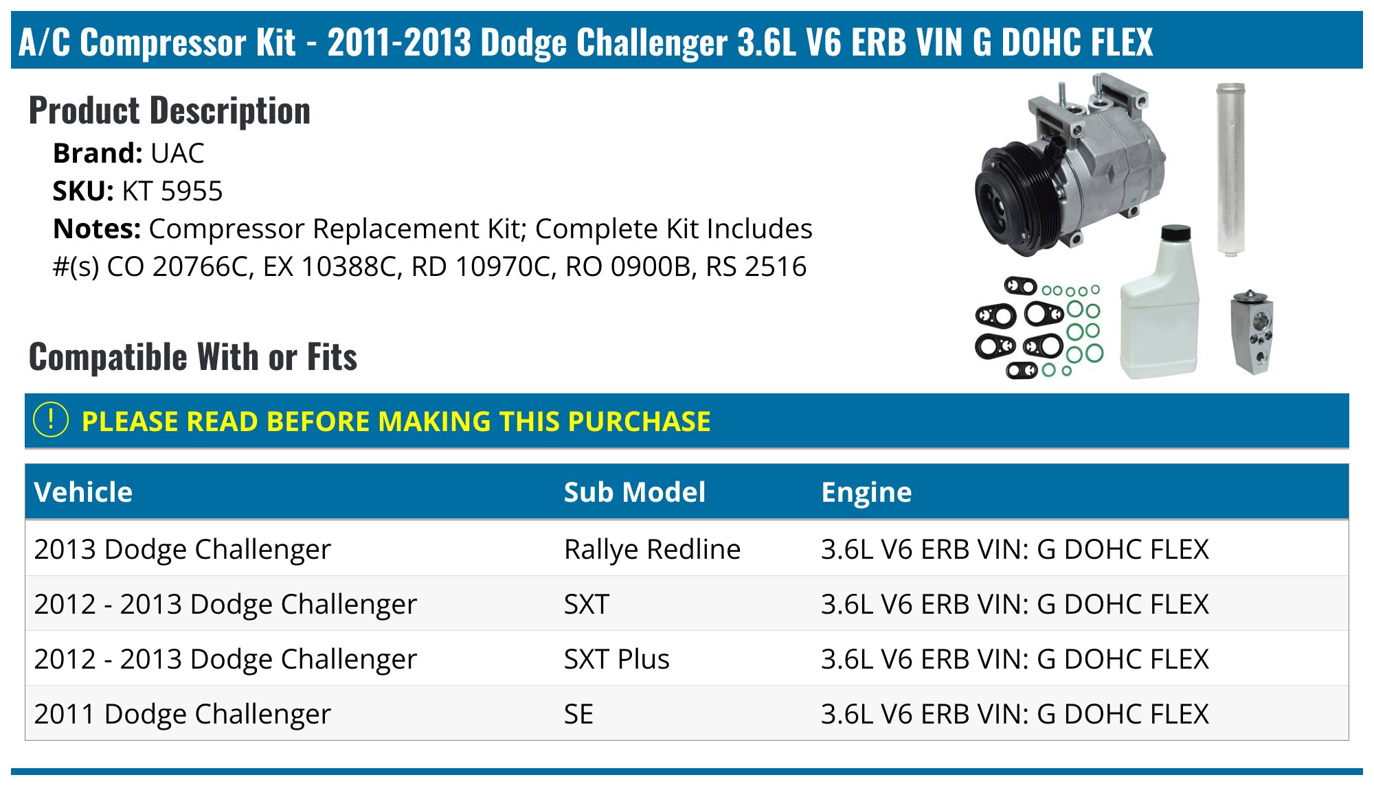 2011-2013 Dodge Challenger A/C Compressor - UAC KT 5955 - PartsGeek.com