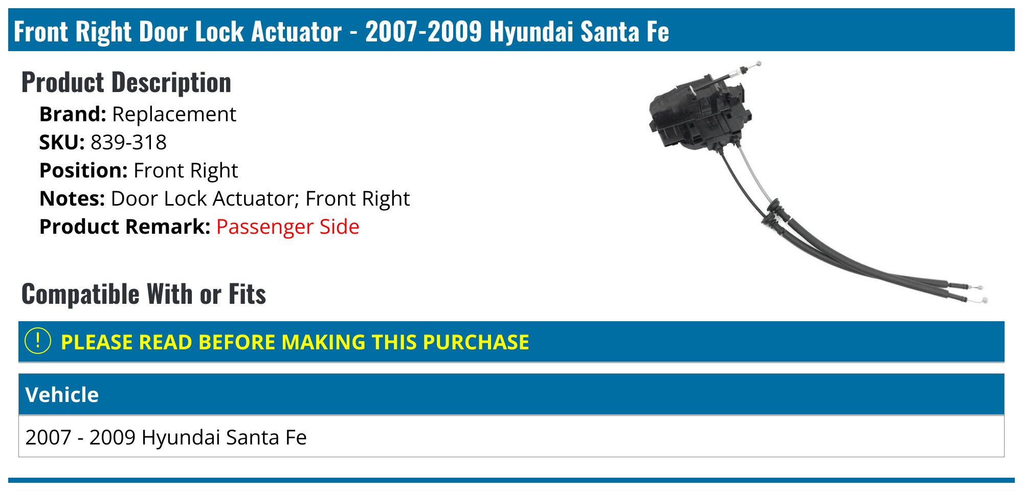 Front Right Door Lock Actuator Motor - Compatible With 2007 2009 Hyundai Santa Fe 2008