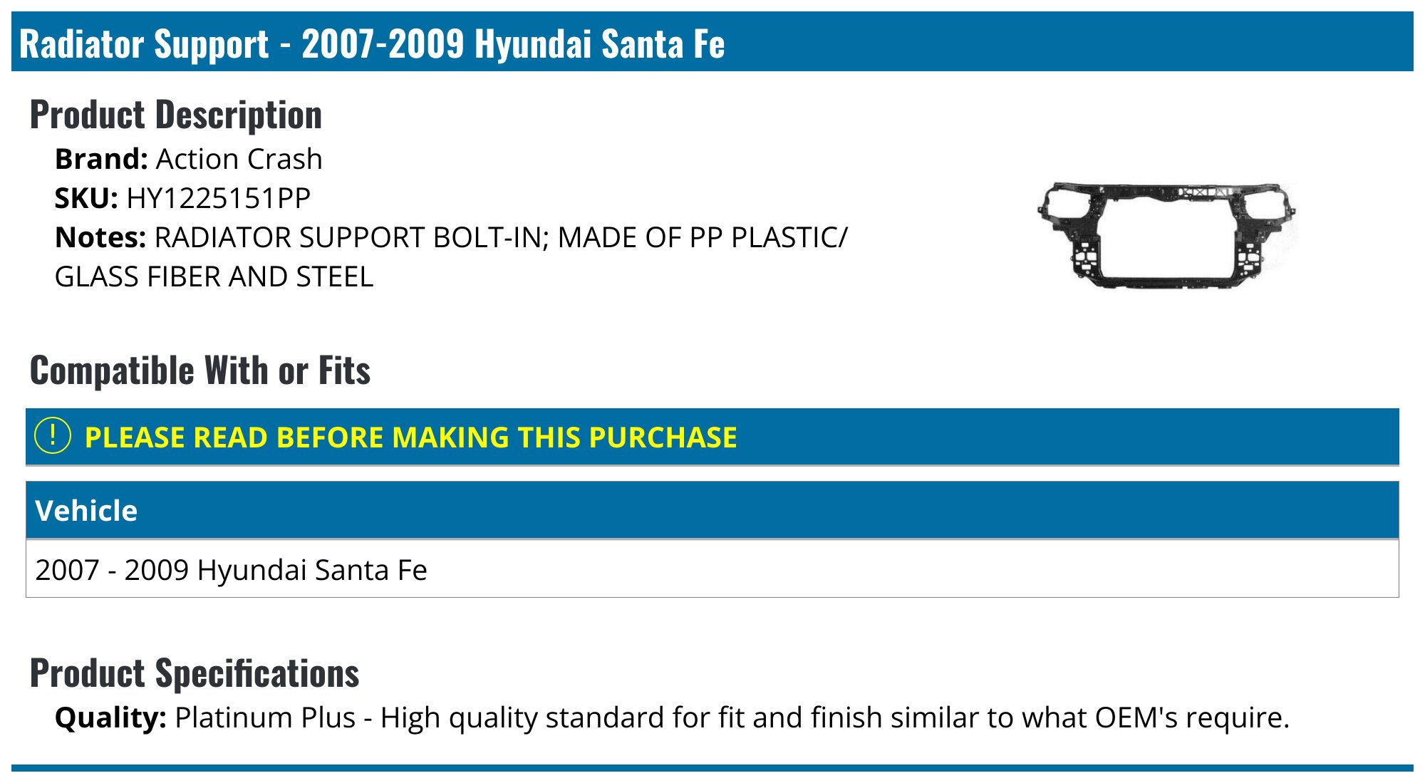 Action Crash Radiator Support - for 2007-2009 Hyundai Santa Fe HY1225151PP - Fitment Image