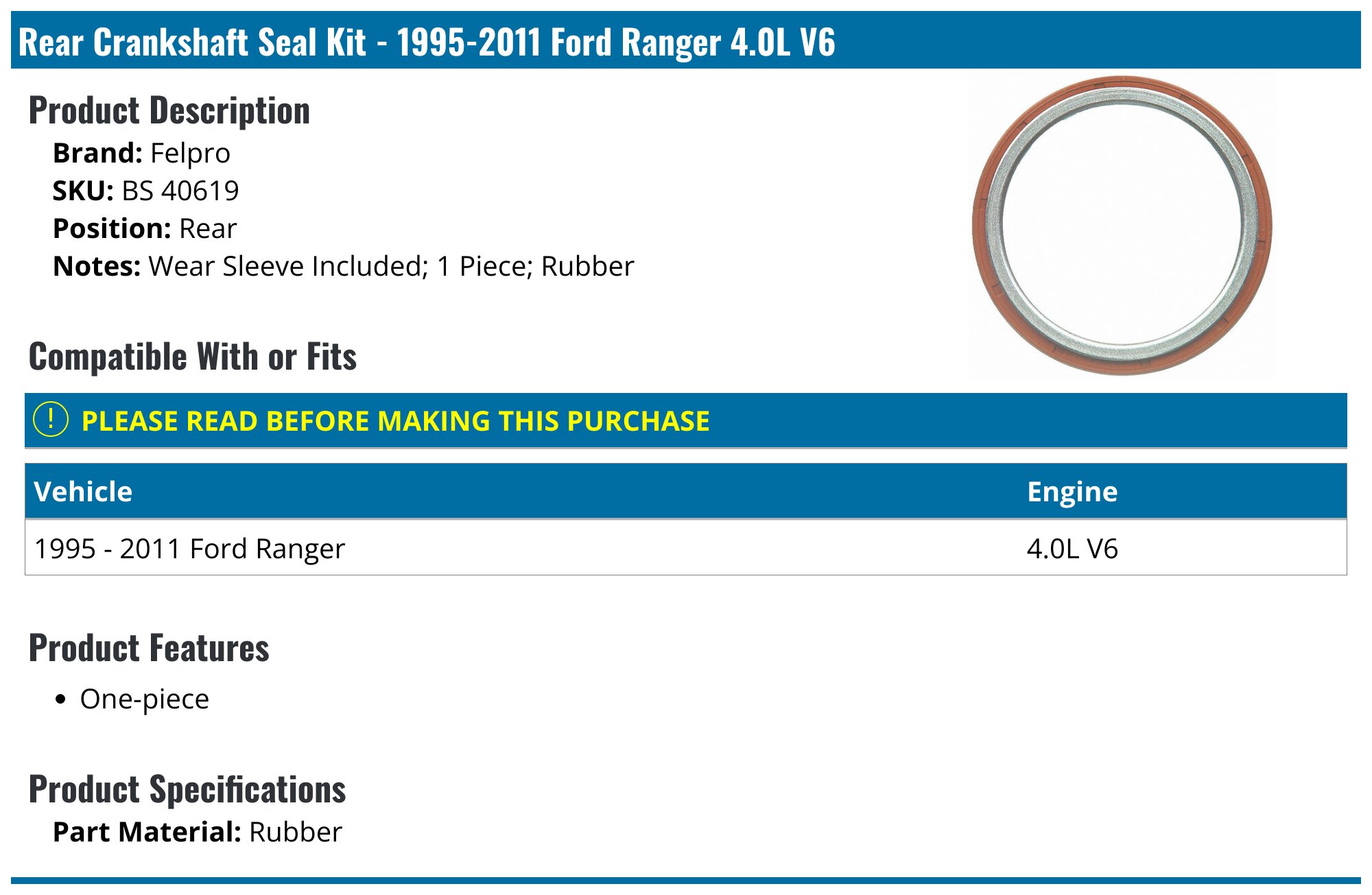 1995-2011 Ford Ranger Crankshaft Seal Kit - Felpro BS 40619 - Rear