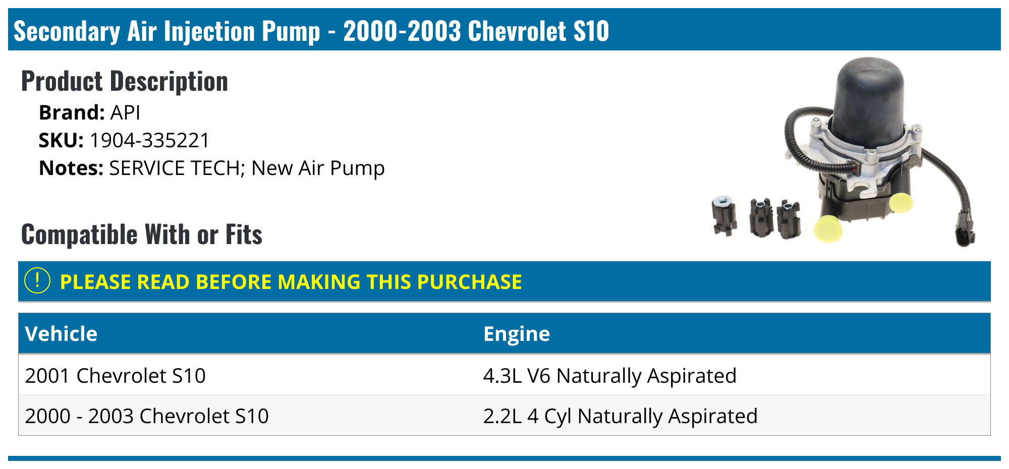 20002003 Chevrolet S10 Air Pump API 368502437184