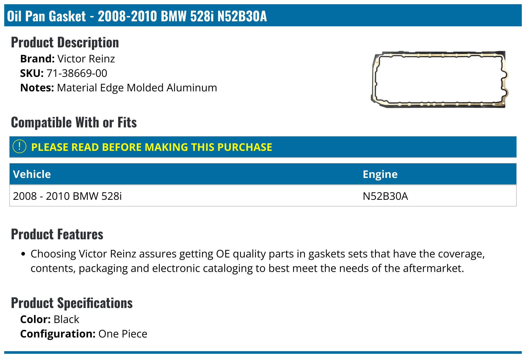 20082010 BMW 528i Oil Pan Gasket Victor Reinz 713866900