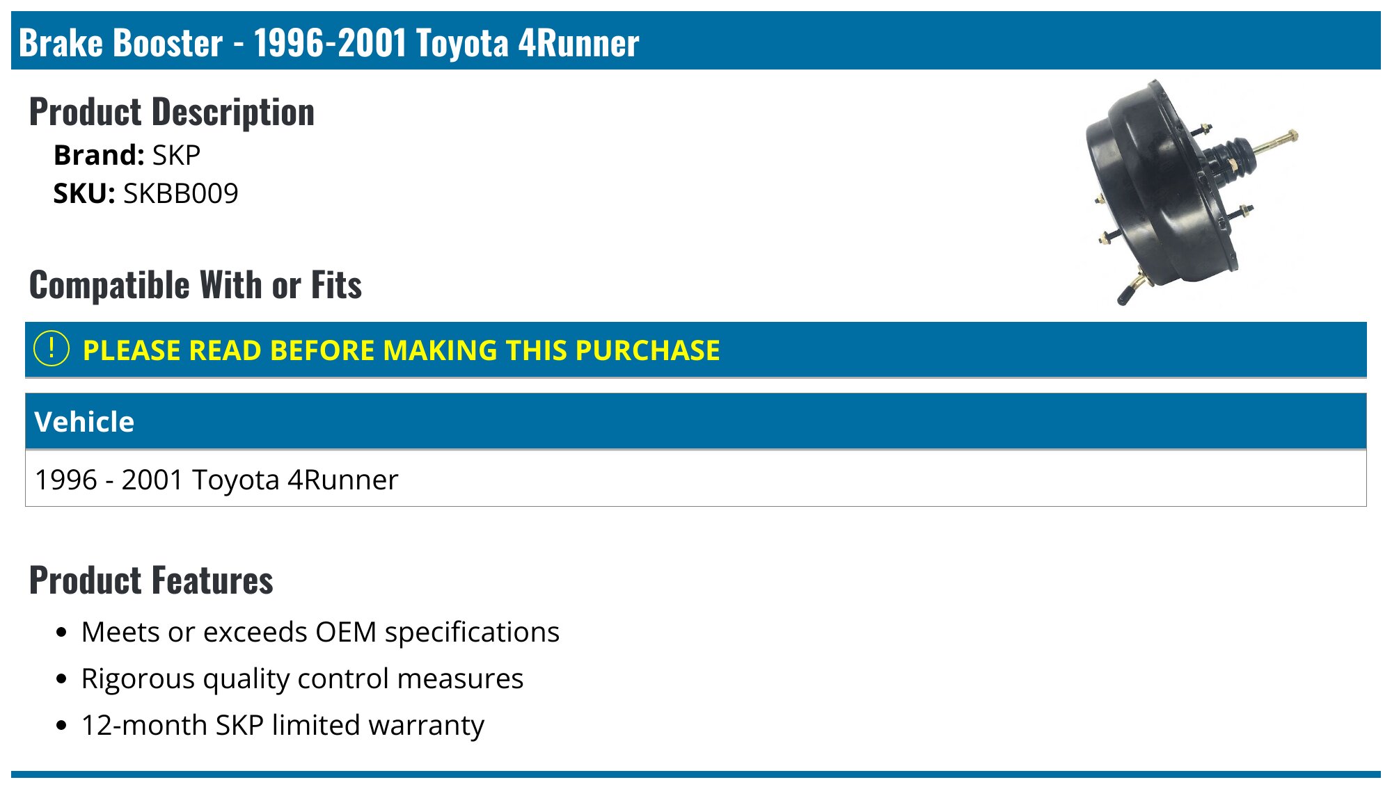 Muparkt Brake Booster For 1996-2000 Toyota 4Runner – 2-Bolt Front, W/ Check Valve