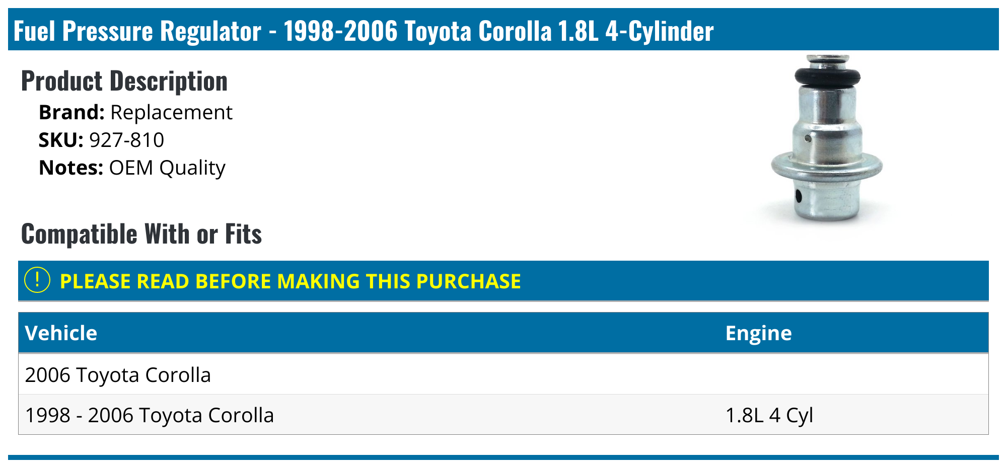 19982006 Toyota Corolla Fuel Pressure Regulator Replacement 927810