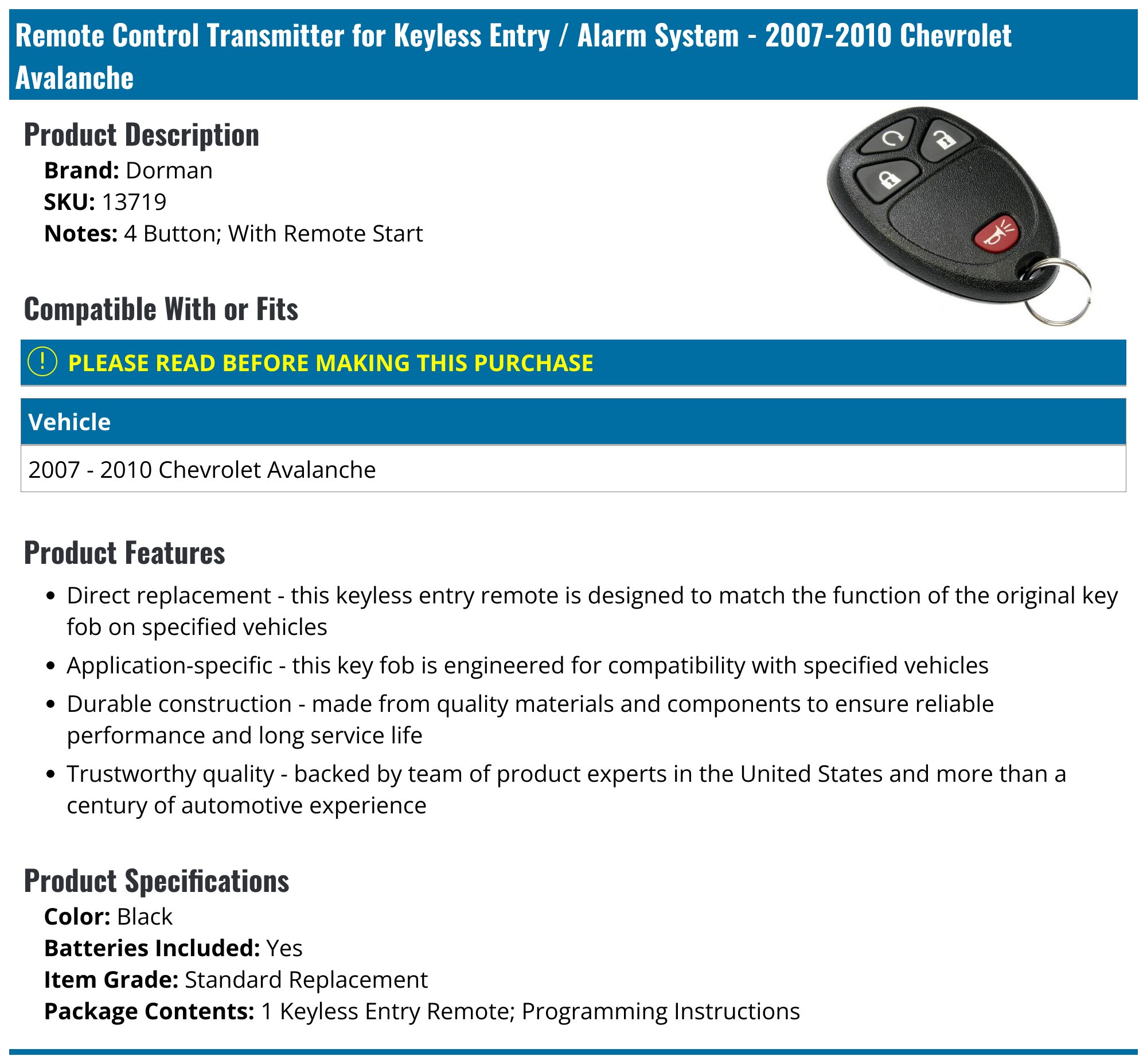 OEM GM CHEVY KEYLESS REMOTE ENTRY KEY FOB CLICKER ALARM 15913427 / 6