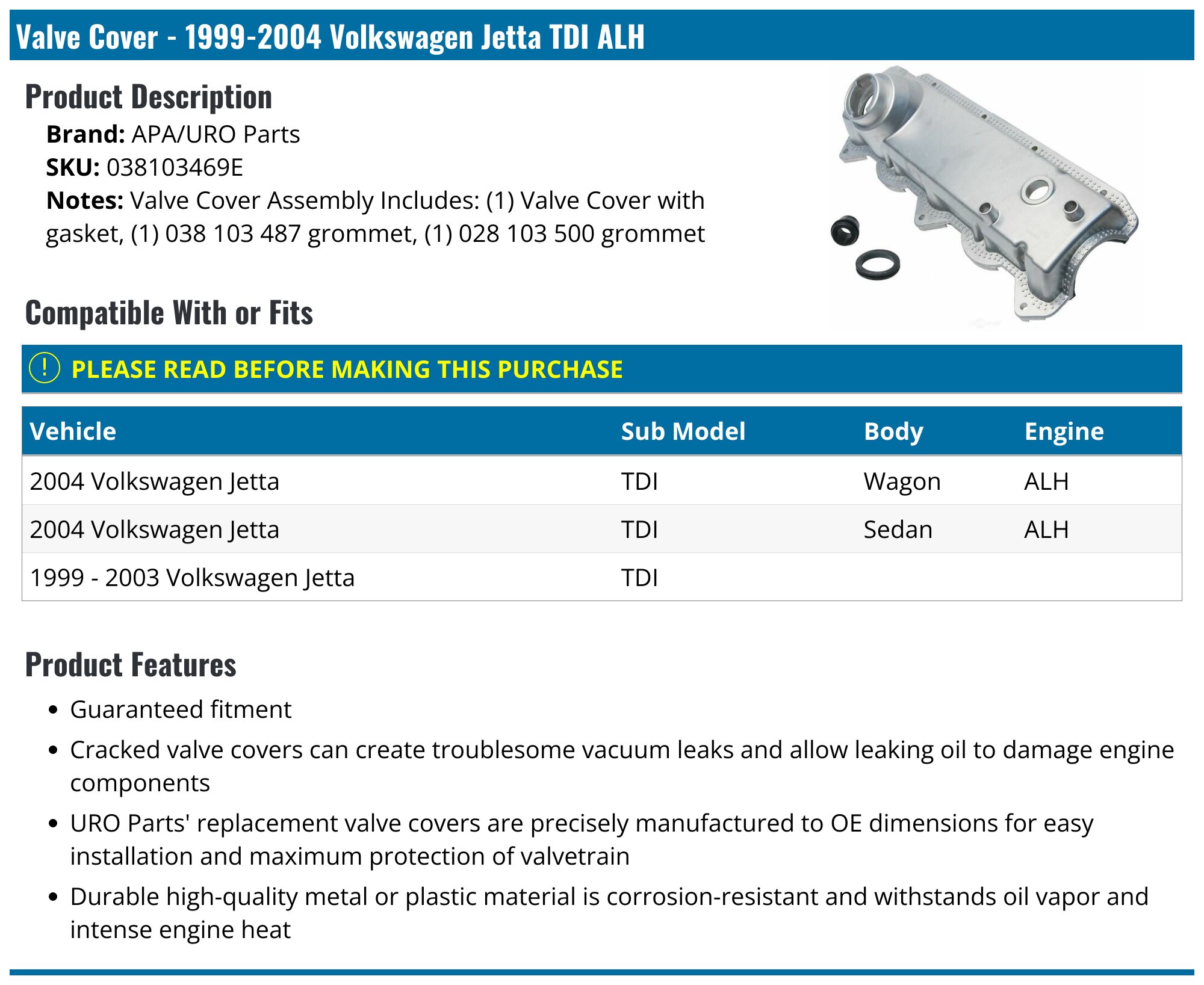 URO Parts 038103469E Couvercle de valve avec joint URO Parts 038103469E Couvercle de valve avec joint