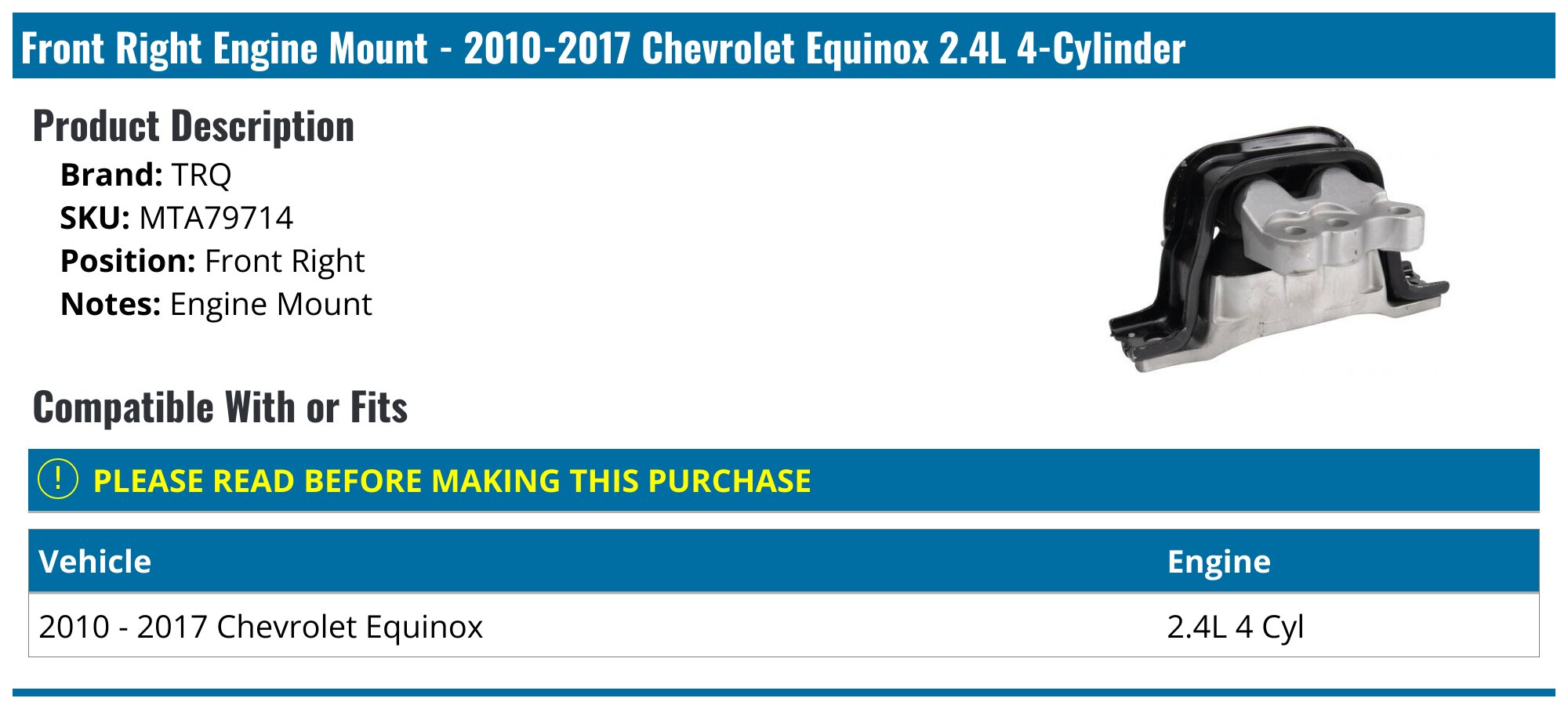 MaxBene Rear Transmission Mount For 2010-2015 Captiva Sport, Equinox, Terrain (2.4L, 3.0L, 3.6L)