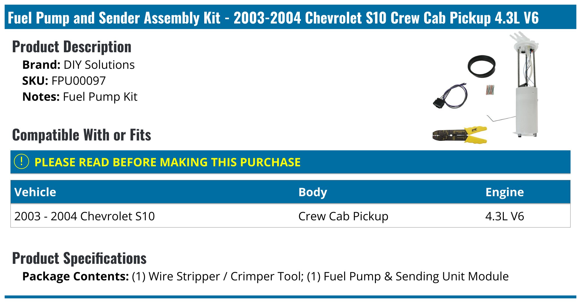 Fuel Pump Module Assembly For 2003-2004 Chevy S10 & GMC Sonoma Crew Cab 4.3L – GR Pumps