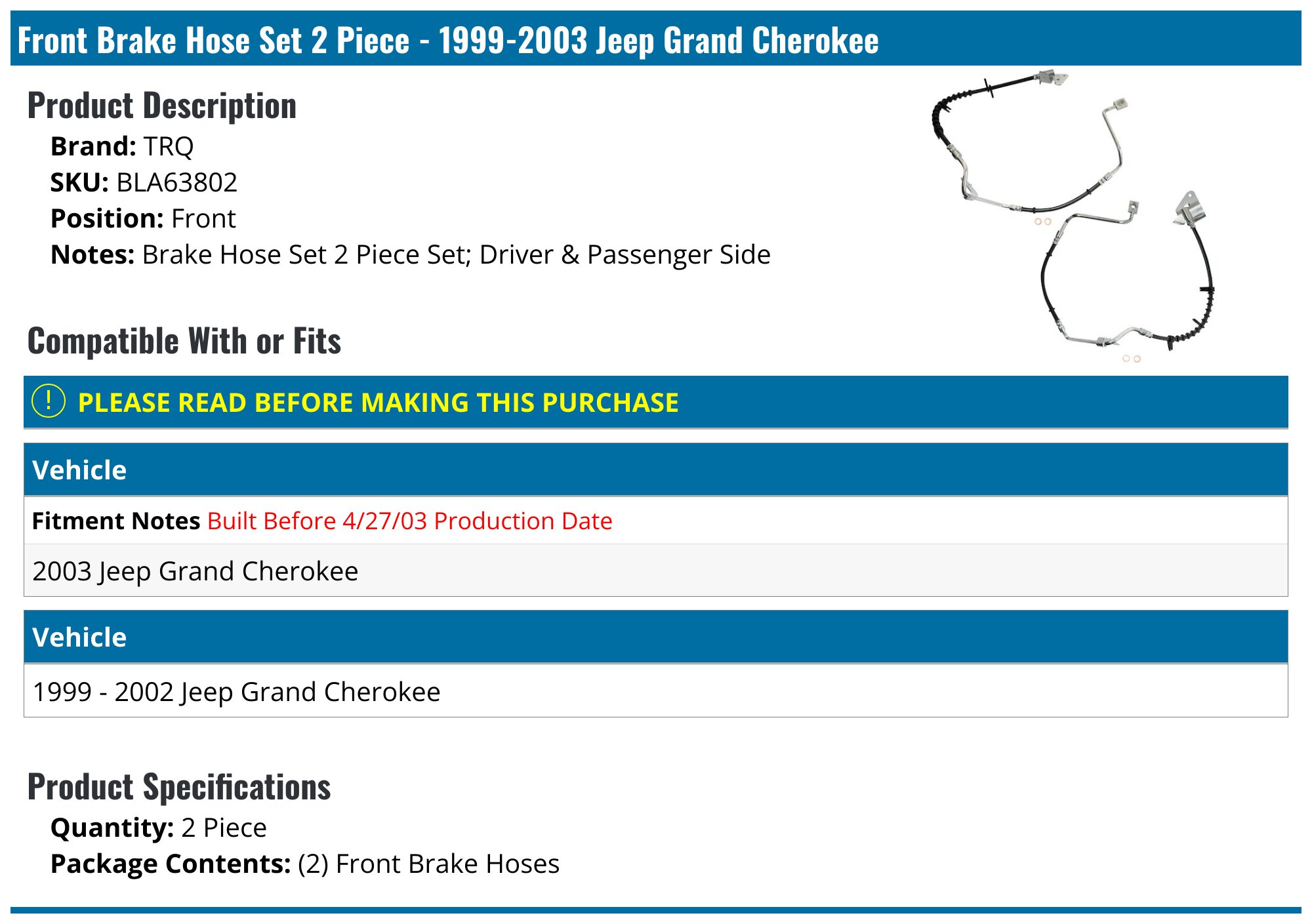 AM Autoparts Front Brake Hose Set For 1999-2003 Jeep Grand Cherokee – Left & Right