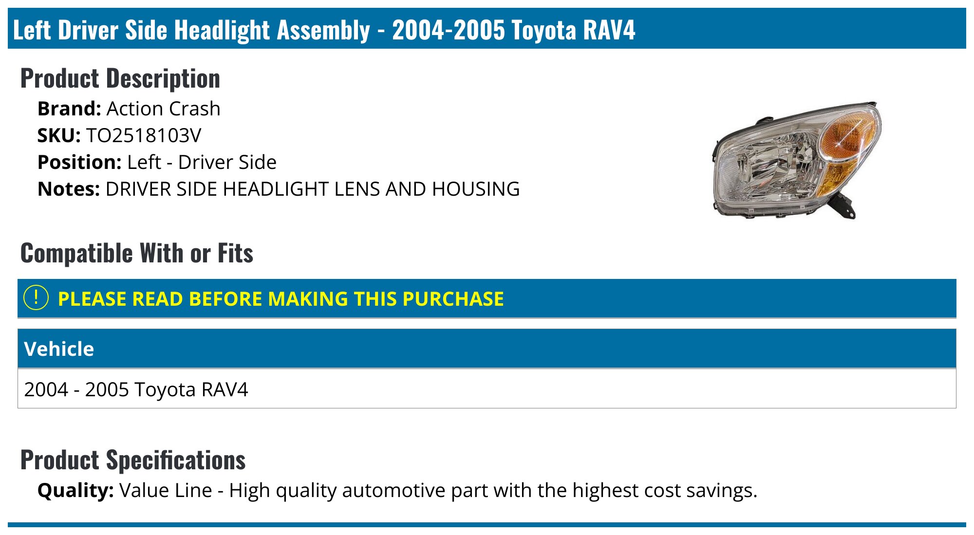 Pair Headlights Set For 2004-2005 Toyota RAV4 Left and Right Front Halogen Light