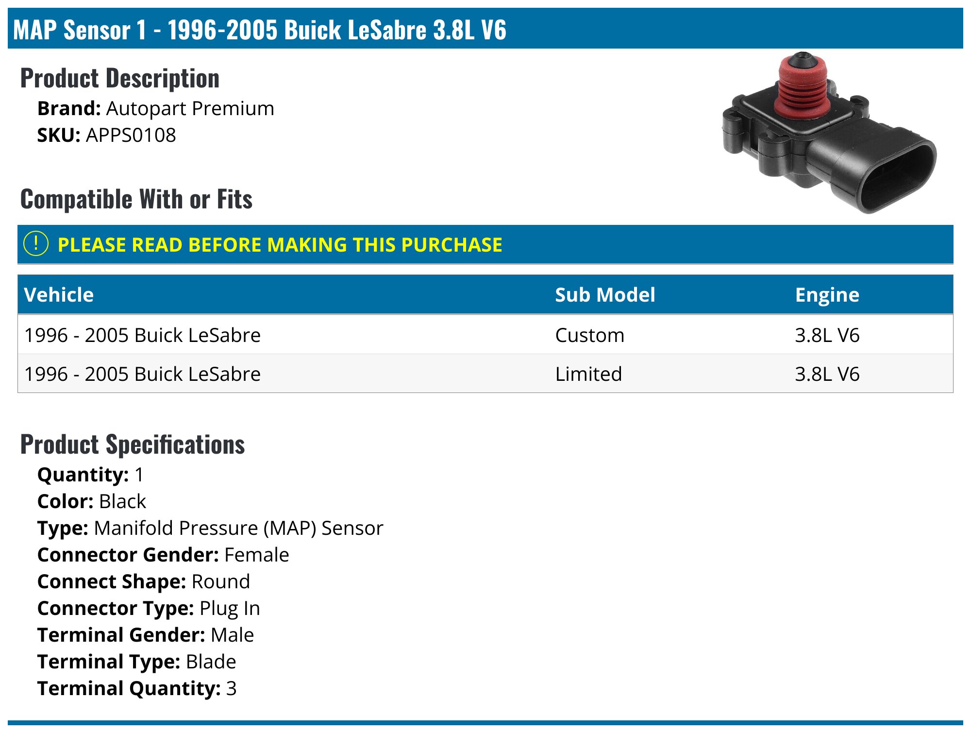 1996-2005 Buick LeSabre MAP Sensor - Autopart Premium APPS0108 ...