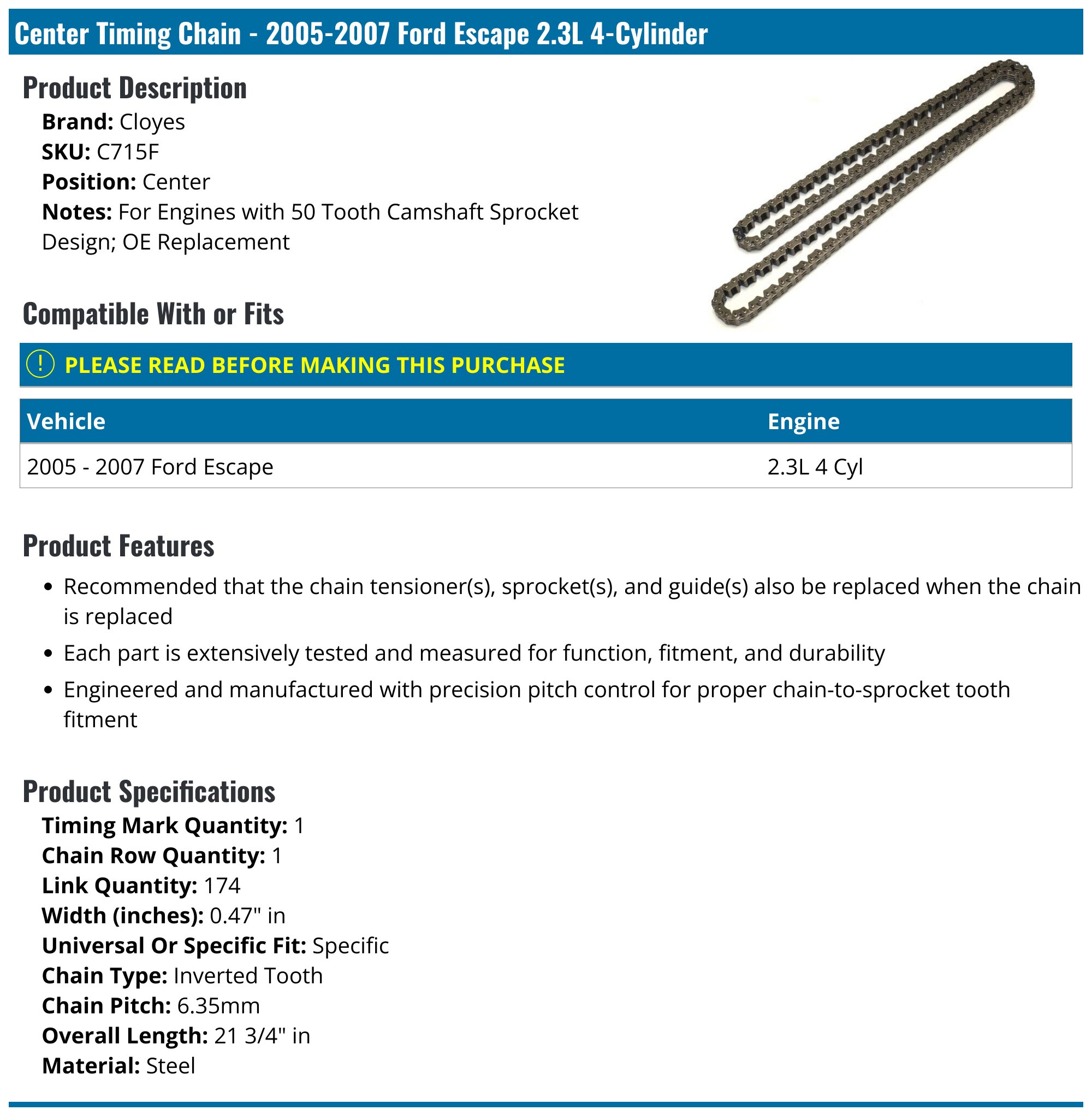Center Timing Chain 2005-2007 Ford Escape 4-Cylinder Cloyes  18116-05277551