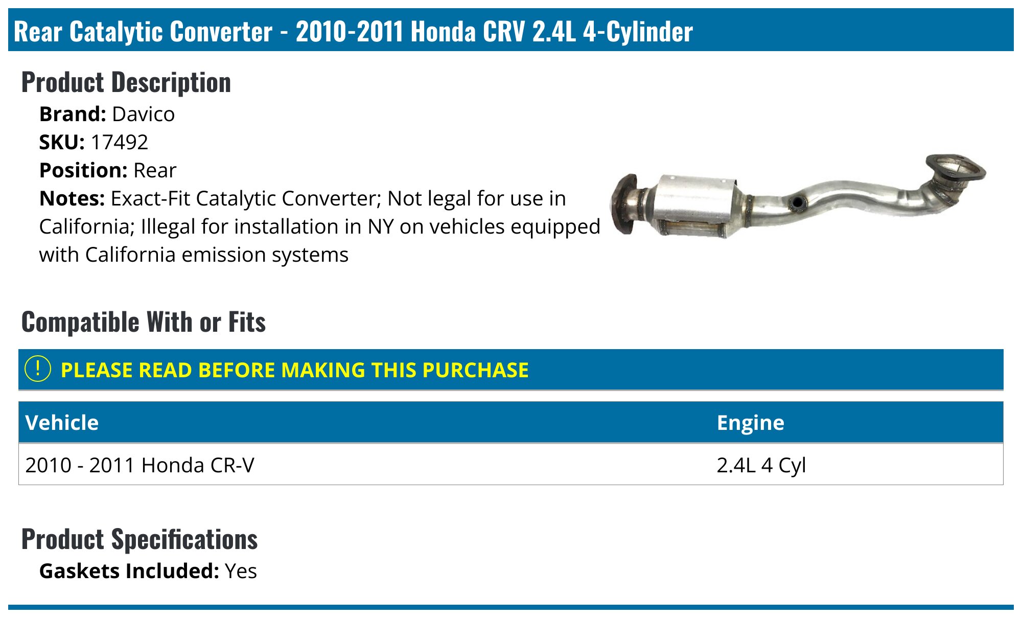 Front & Rear Catalytic Converter Set For 2010-2011 Honda CR-V 2.4L - Direct Fit With Oxygen Ports (Pre & Post)