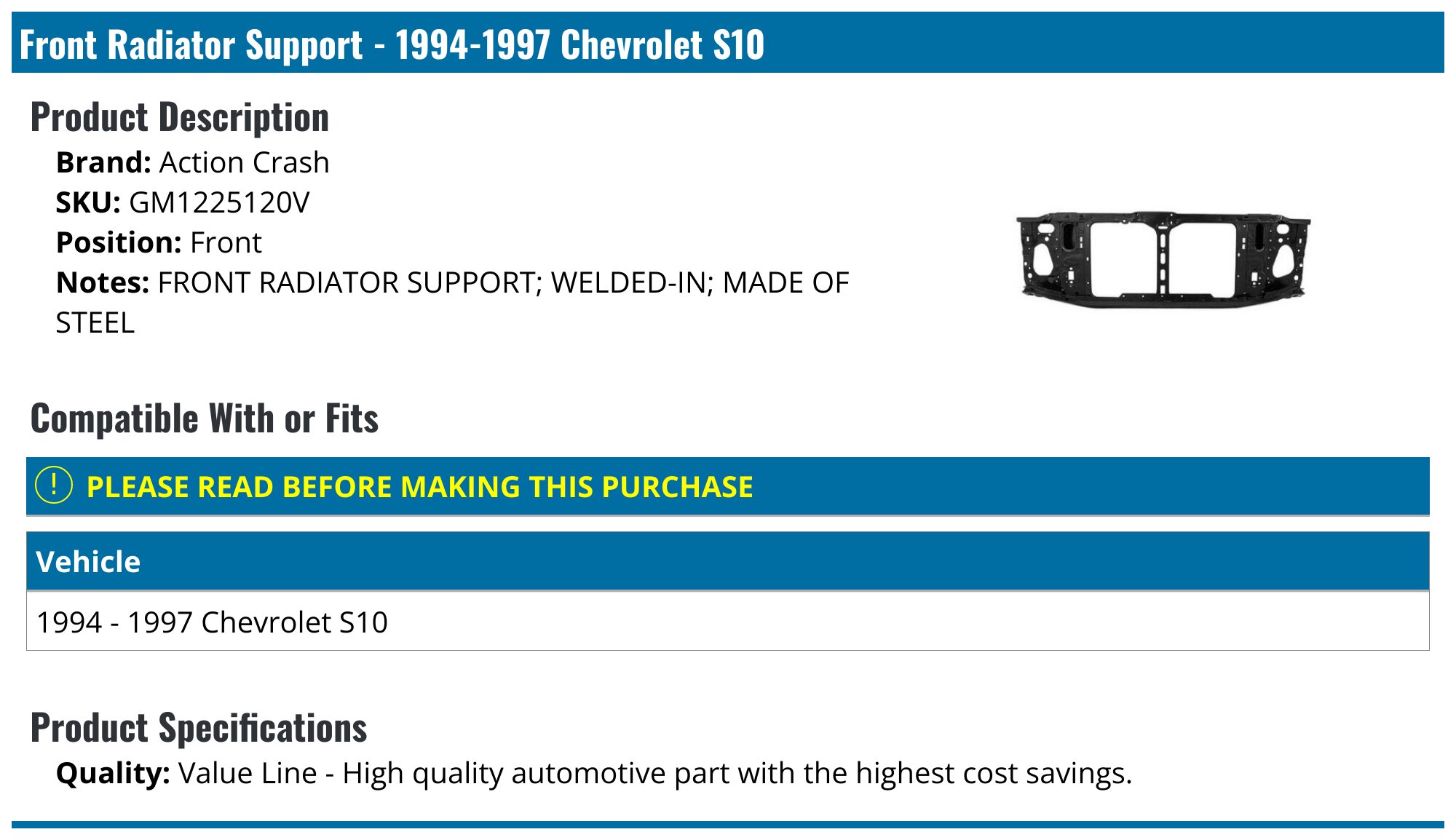 1994-1997 Chevrolet S10 Radiator Support - Action Crash GM1225120V ...