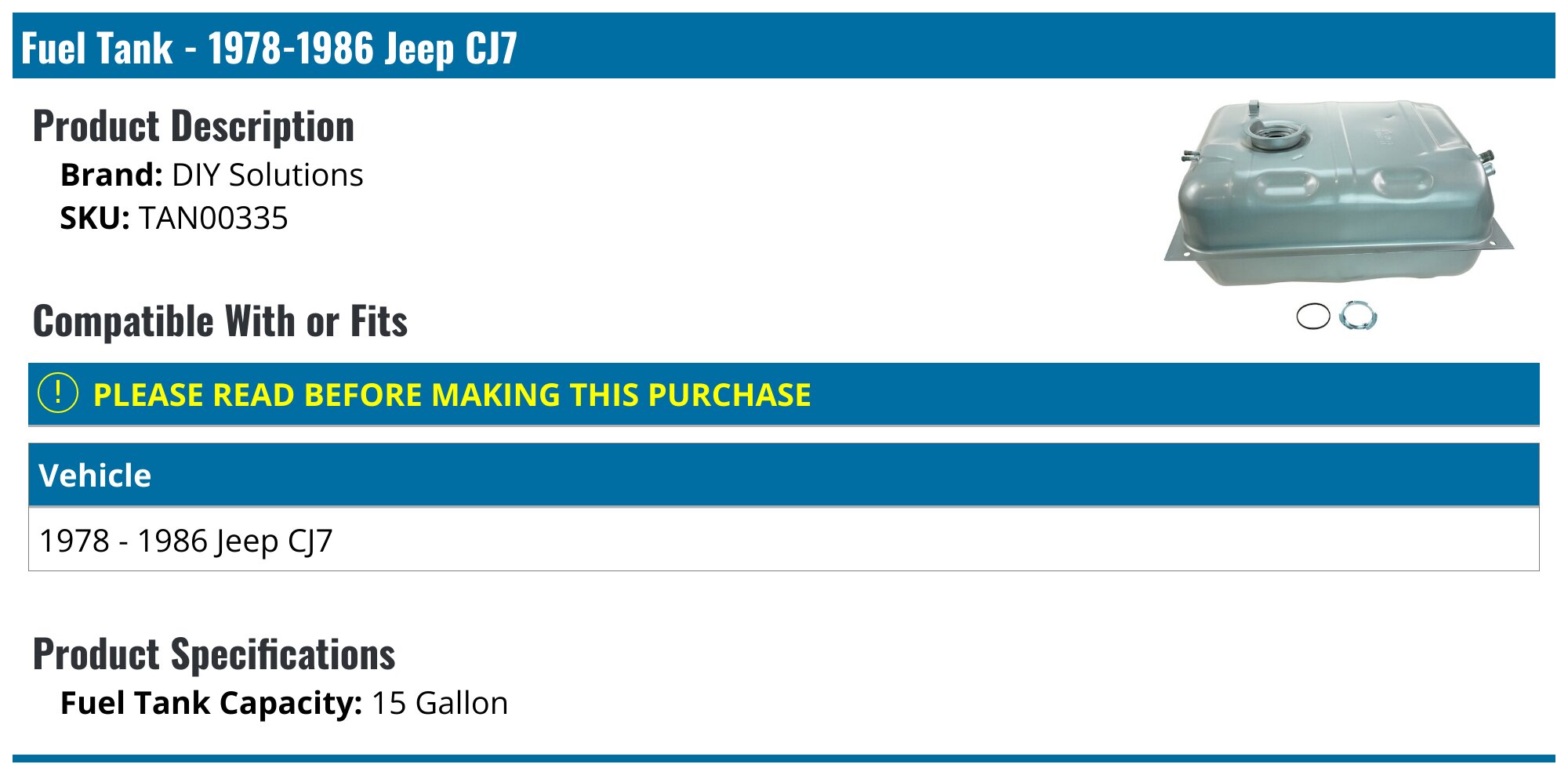 19781986 Jeep CJ7 Fuel Tank DIY Solutions TAN00335