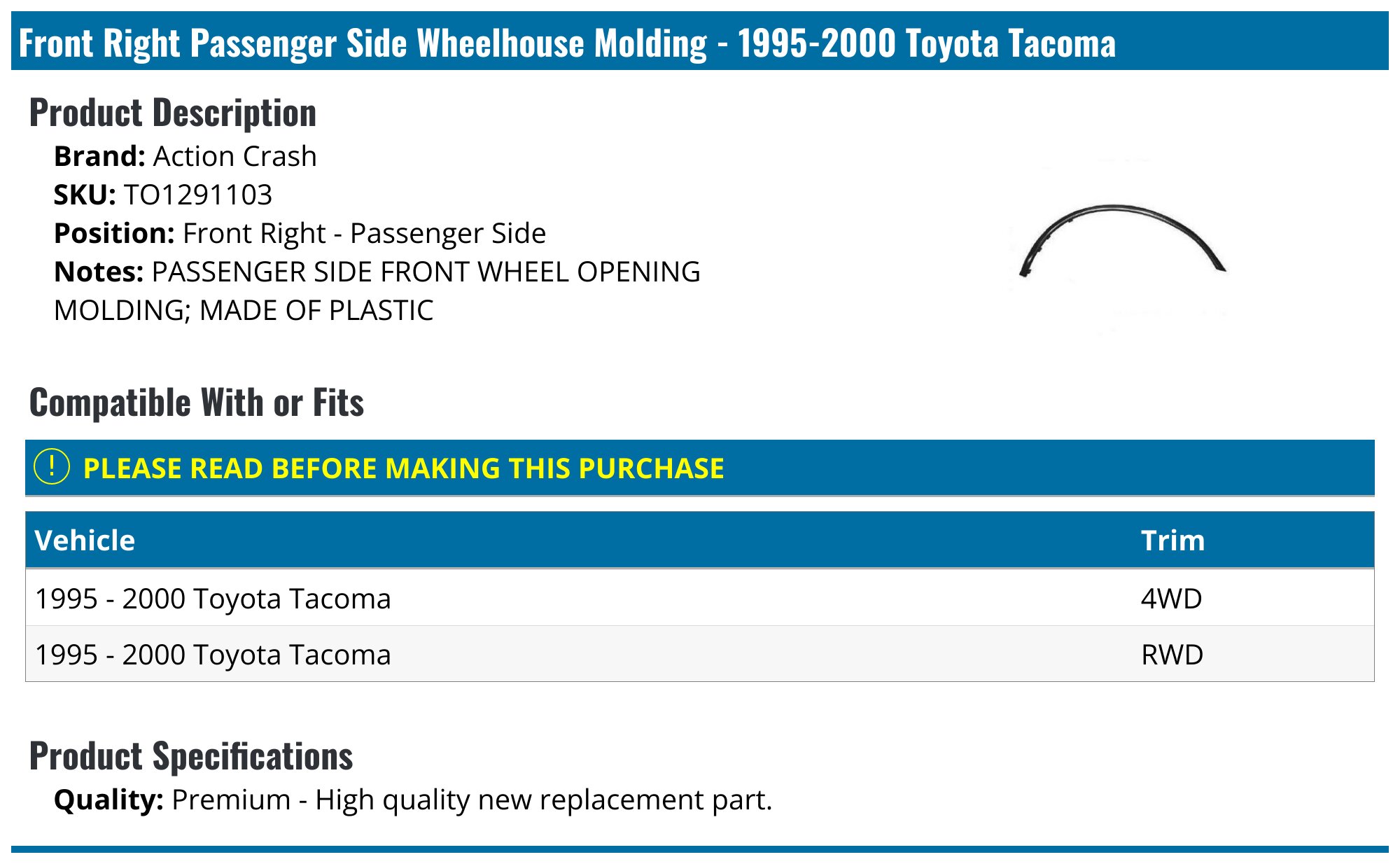 Chrome Front Passenger Side Fender Trim Molding For Toyota Tacoma 1995-2000 - TO1291103