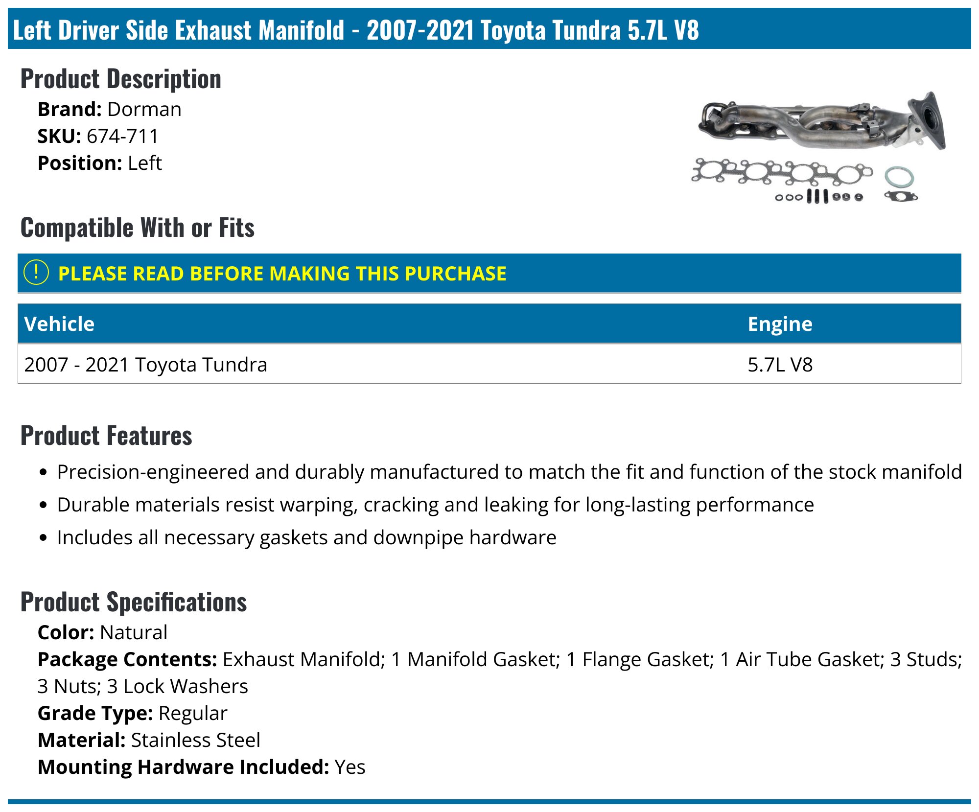 20072021 Toyota Tundra Exhaust Manifold Dorman 674711 Left