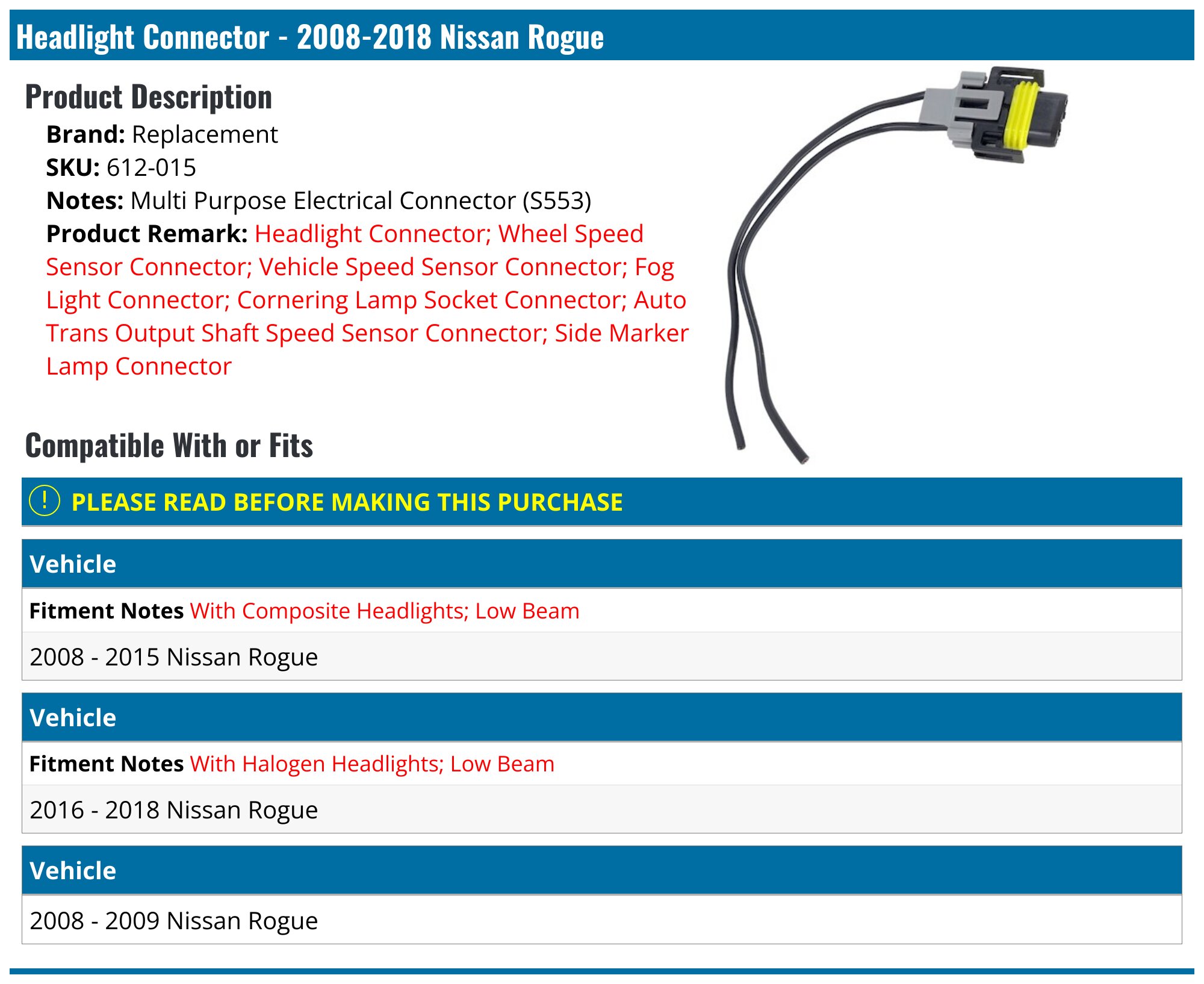 Full LED Headlight Connector For 2017-2020 Nissan Rogue SL & SL Hybrid – Driver Left Side