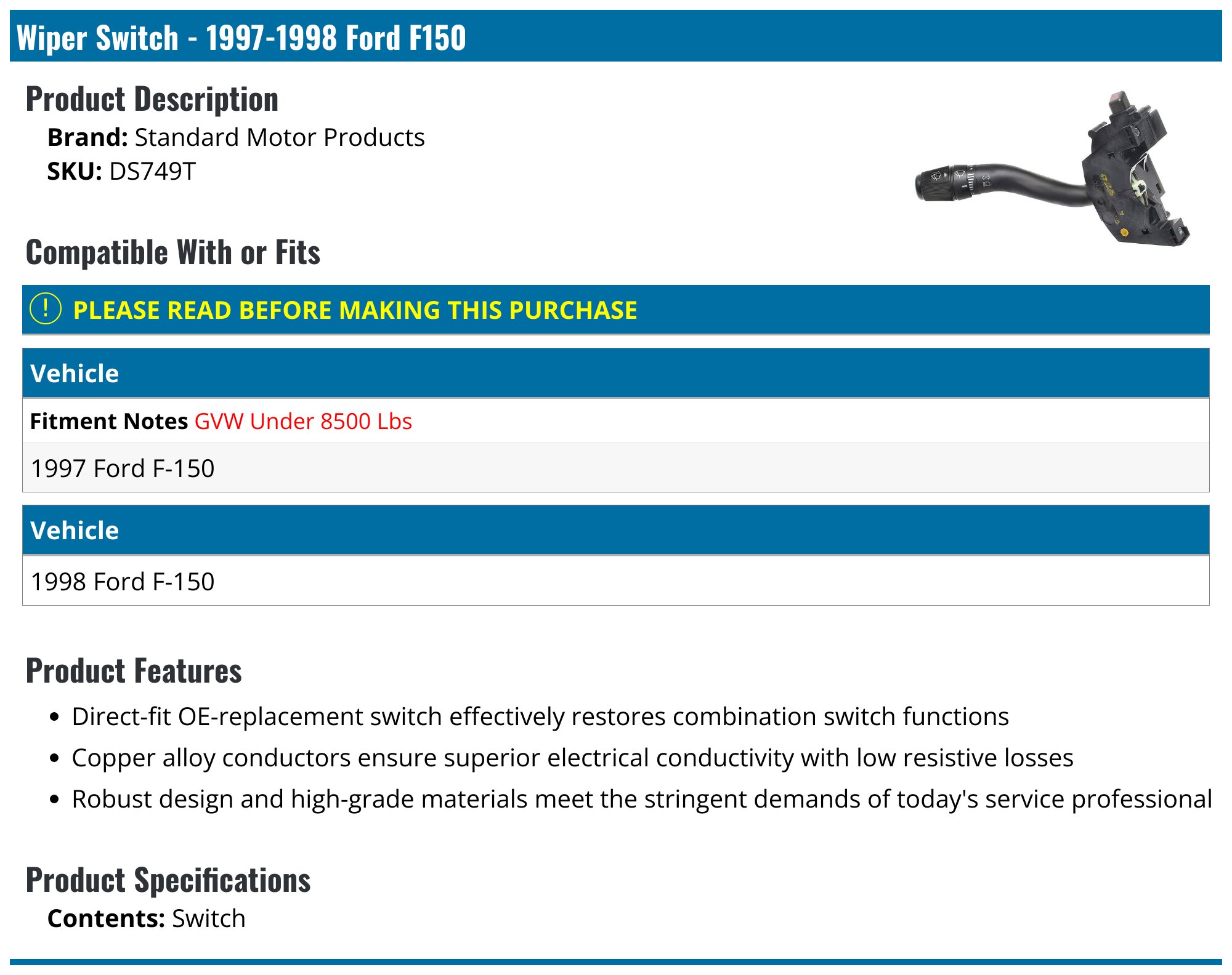 1997-1998 Ford F150 Wiper Switch - Standard Motor Products DS749T ...