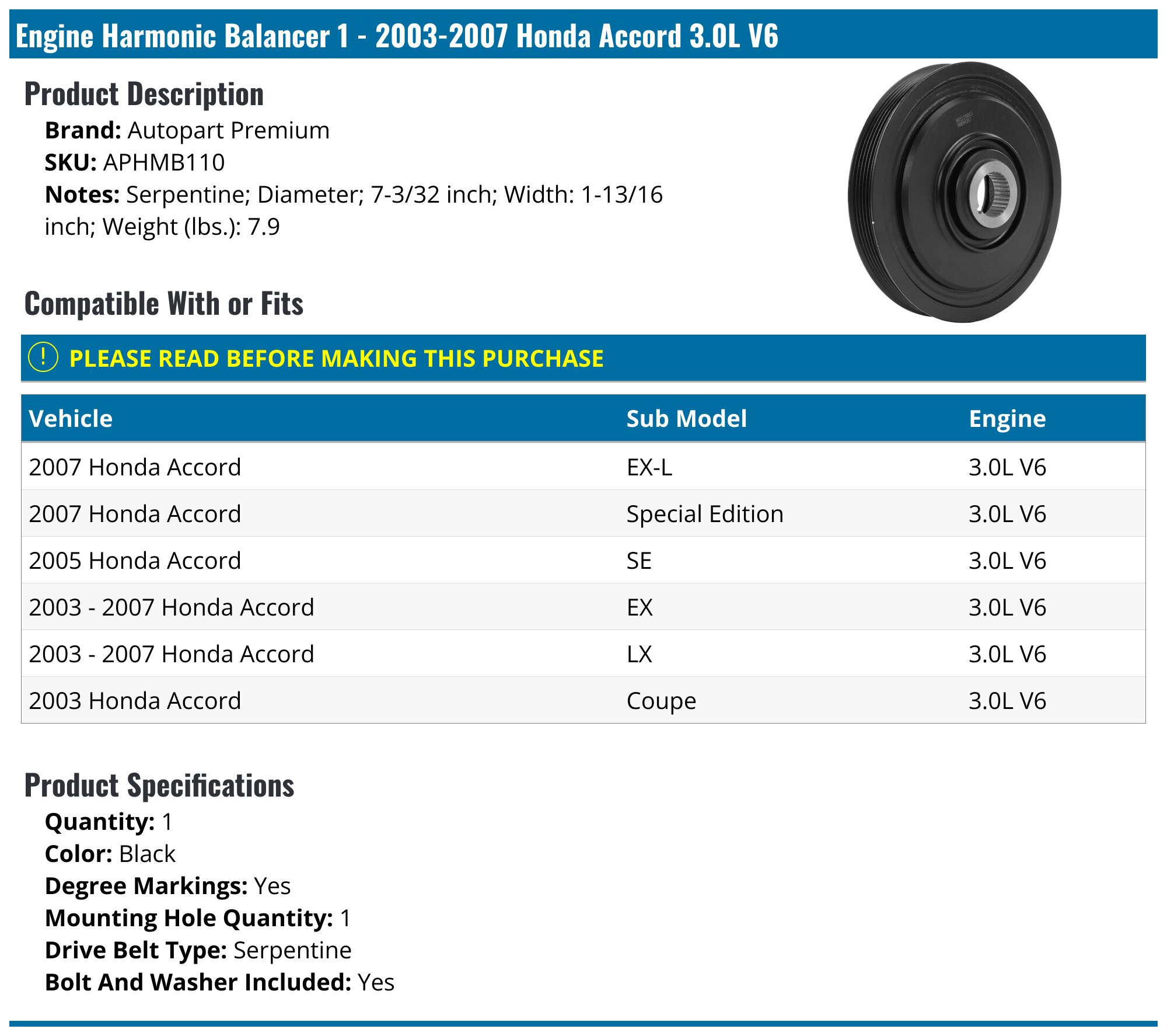 Engine Harmonic Balancer For Honda Accord 2.4L (2006-2007) & Element 2.4L (2007-2011)