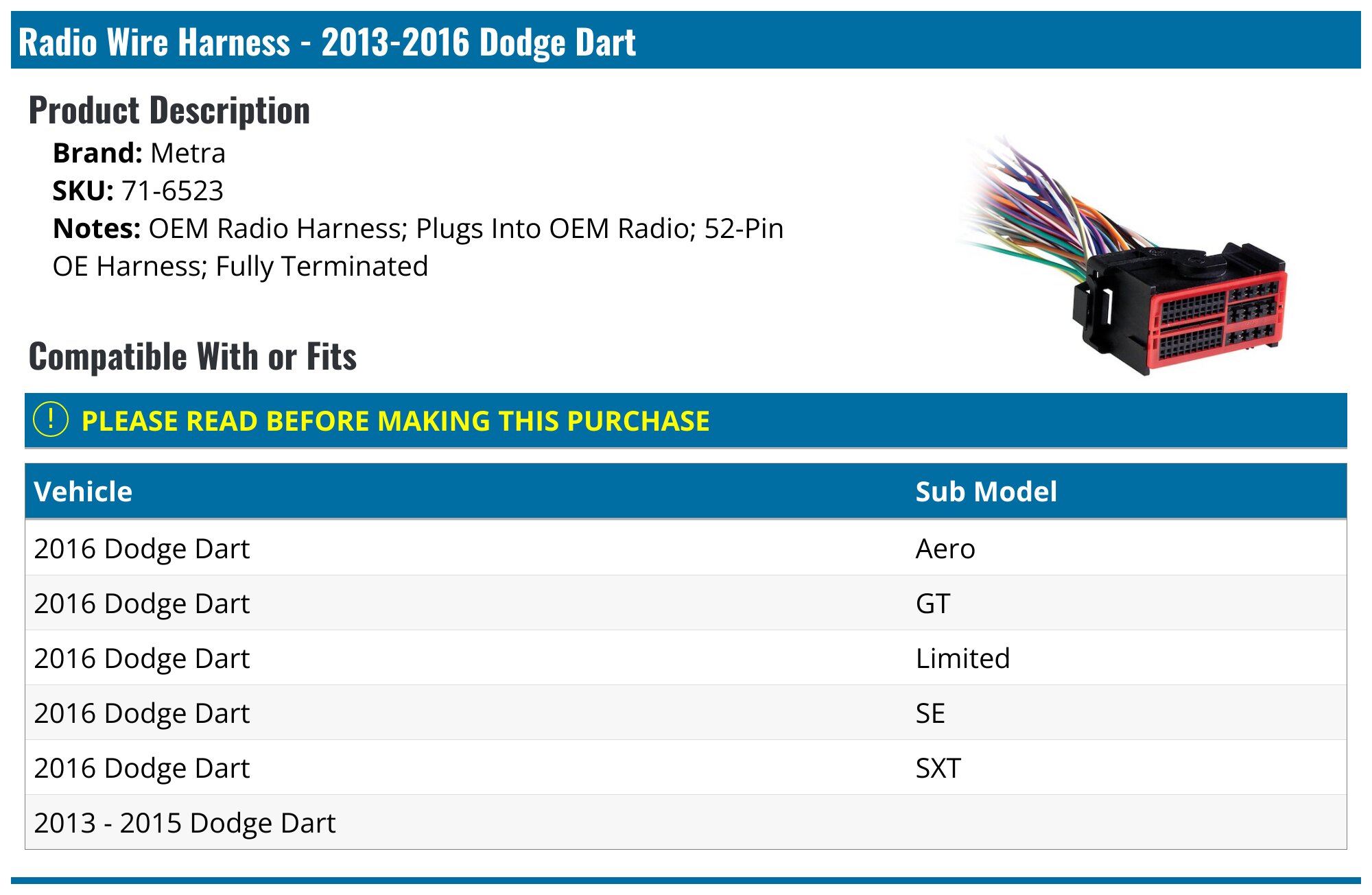 20132016 Dodge Dart Radio Wire Harness Metra 716523