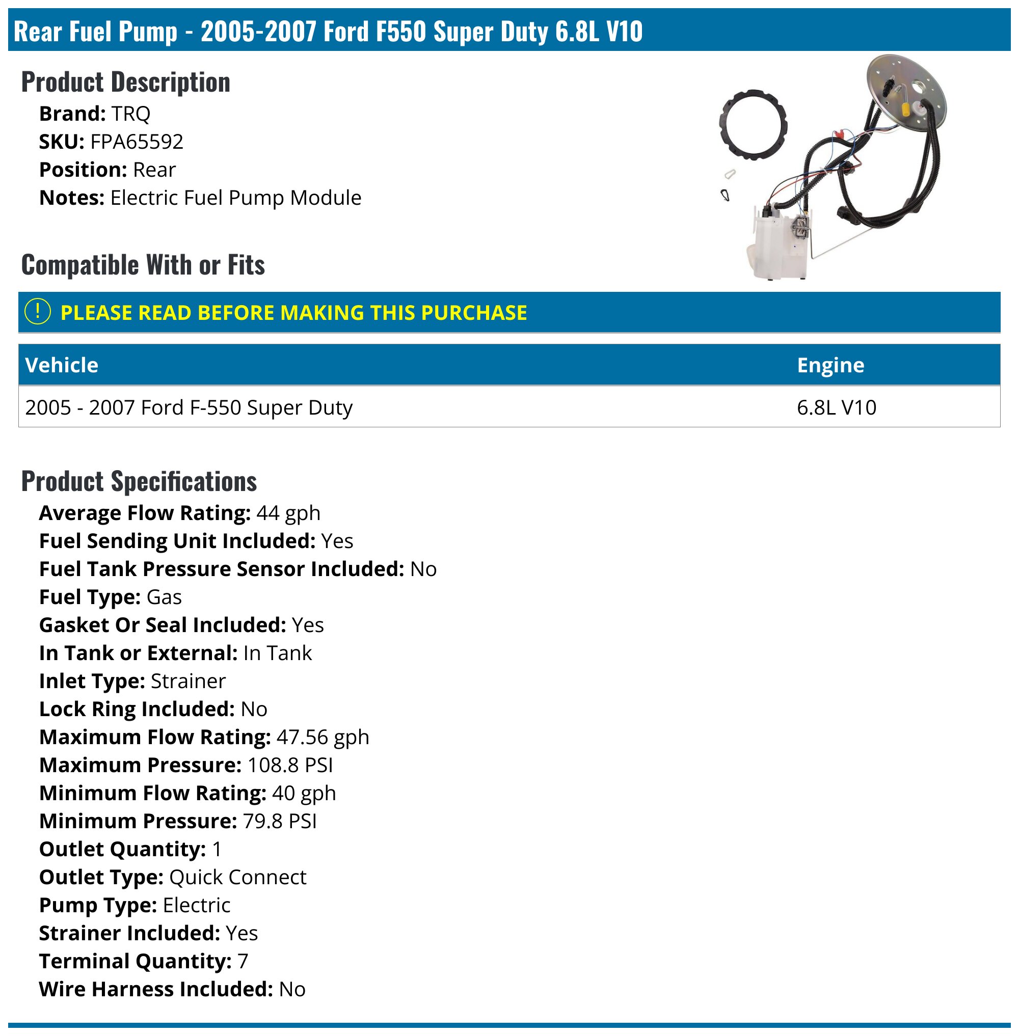 2005-2007 Ford F550 Super Duty Fuel Pump - TRQ FPA65592 - PartsGeek.com