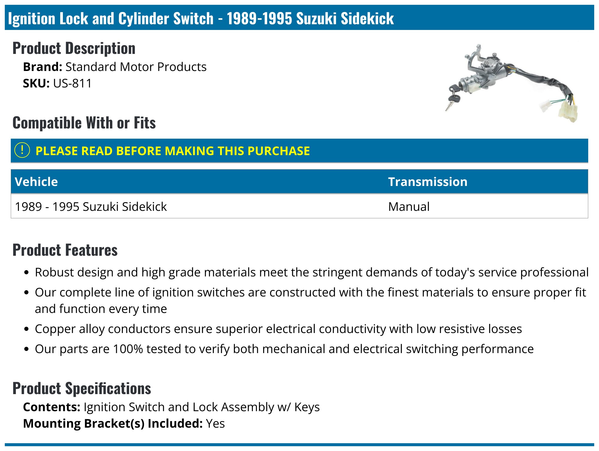 1989-1995 Suzuki Sidekick Ignition Switch - Standard Motor