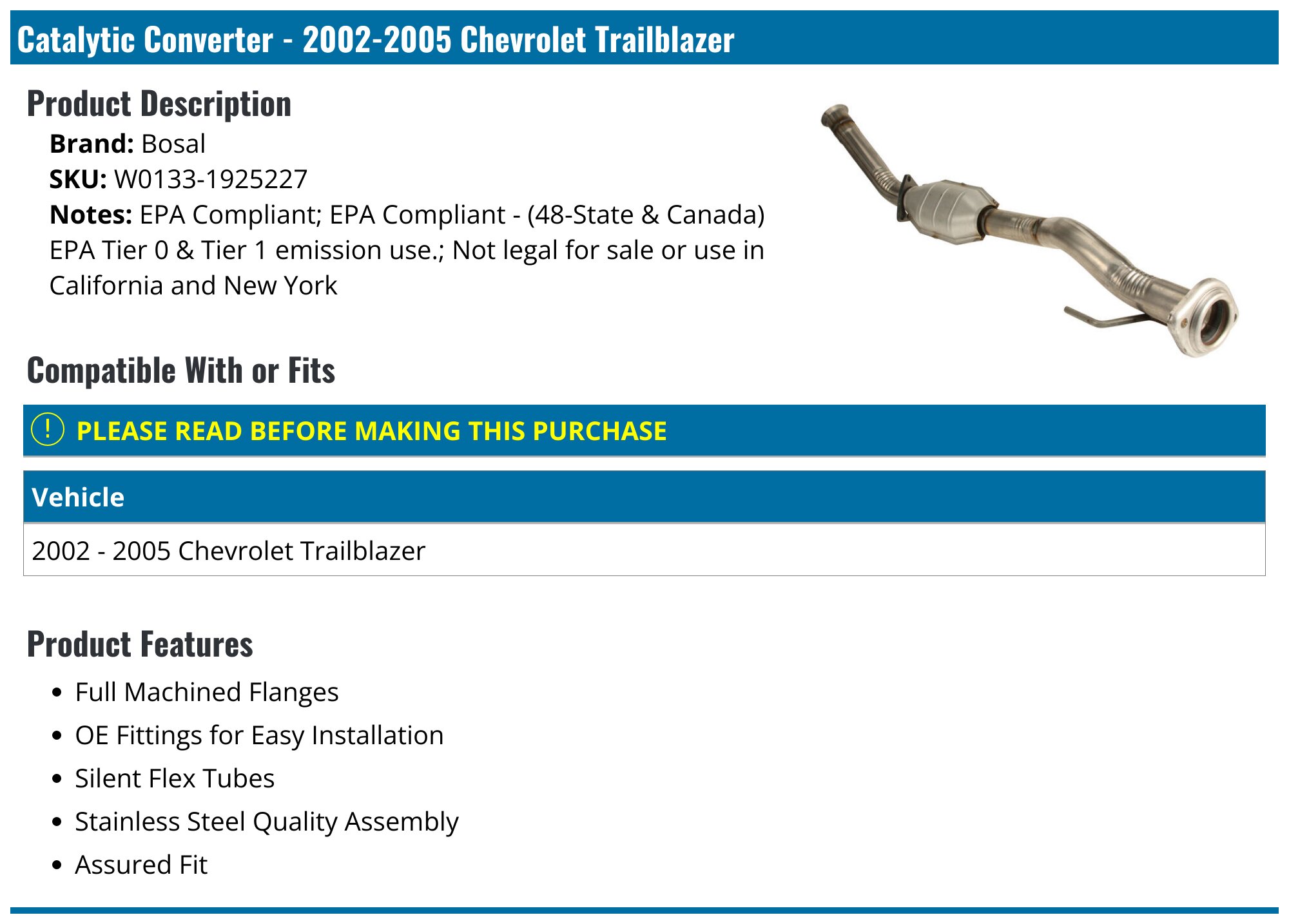 20022005 Chevrolet Trailblazer Catalytic Converter Bosal W0133