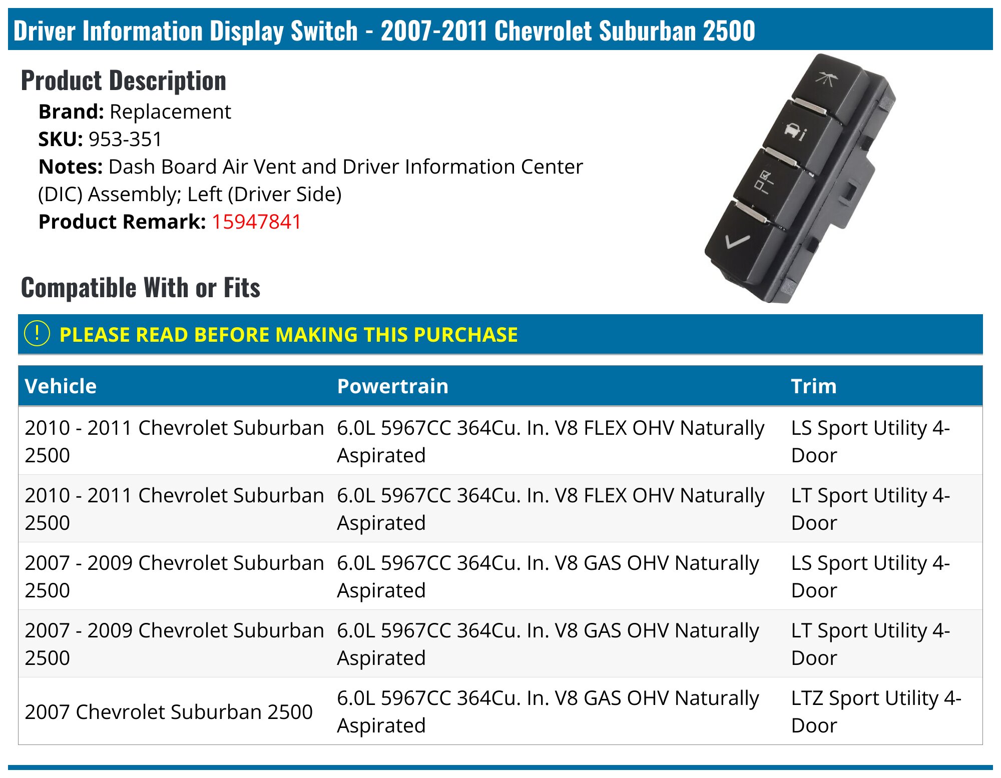 2007-2011 Chevrolet Suburban 2500 Driver Information Display Switch ...