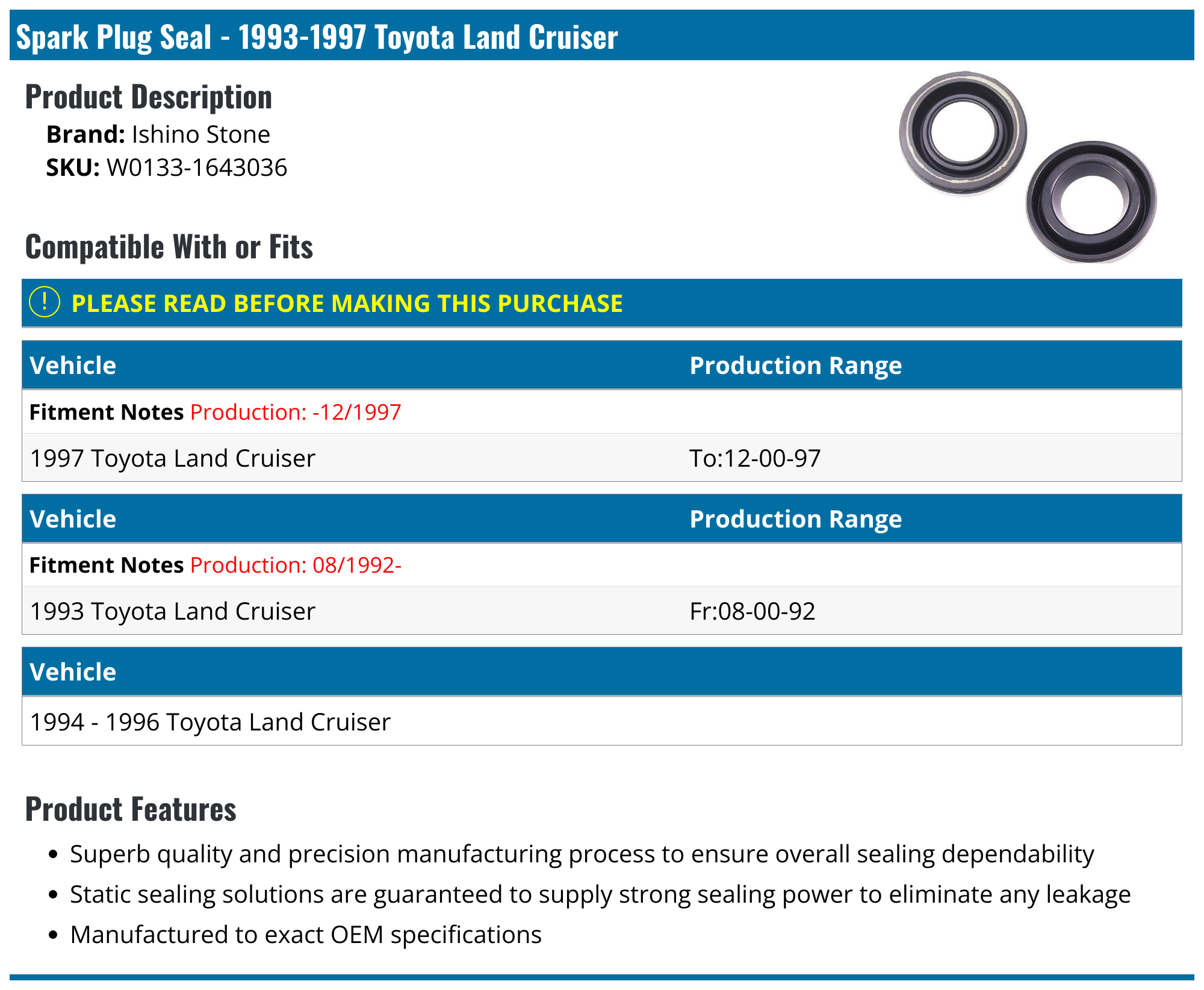 19931997 Toyota Land Cruiser Spark Plug Seal Ishino Stone W0133