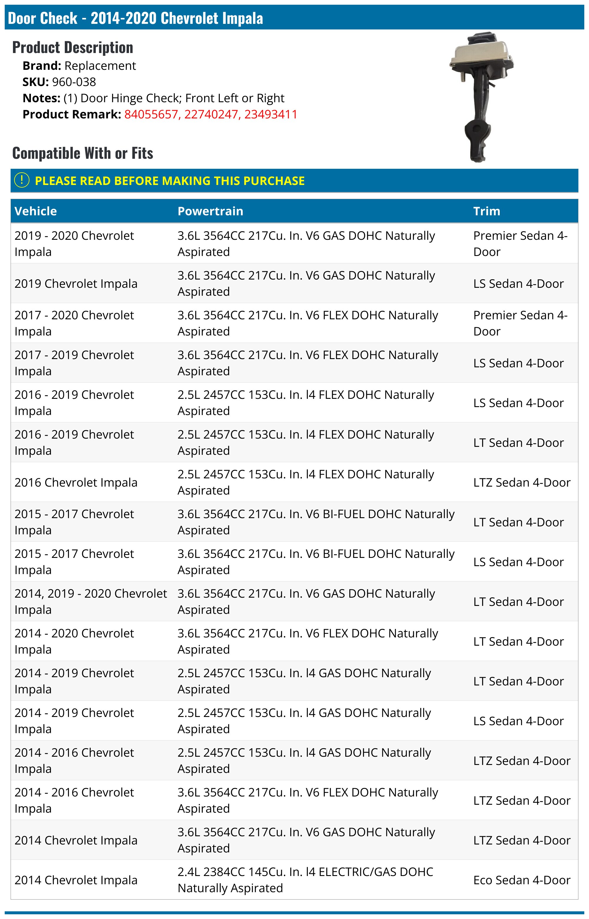 2014-2020 Chevrolet Impala Door Check - Replacement 960-038 - PartsGeek.com