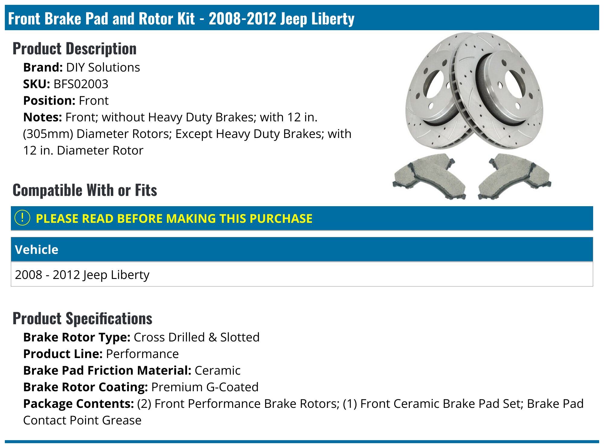 Evan-Fischer Front Brake Disc Rotor & Pad Kit For 2008-2012 Jeep Liberty & 2007-2011 Dodge Nitro