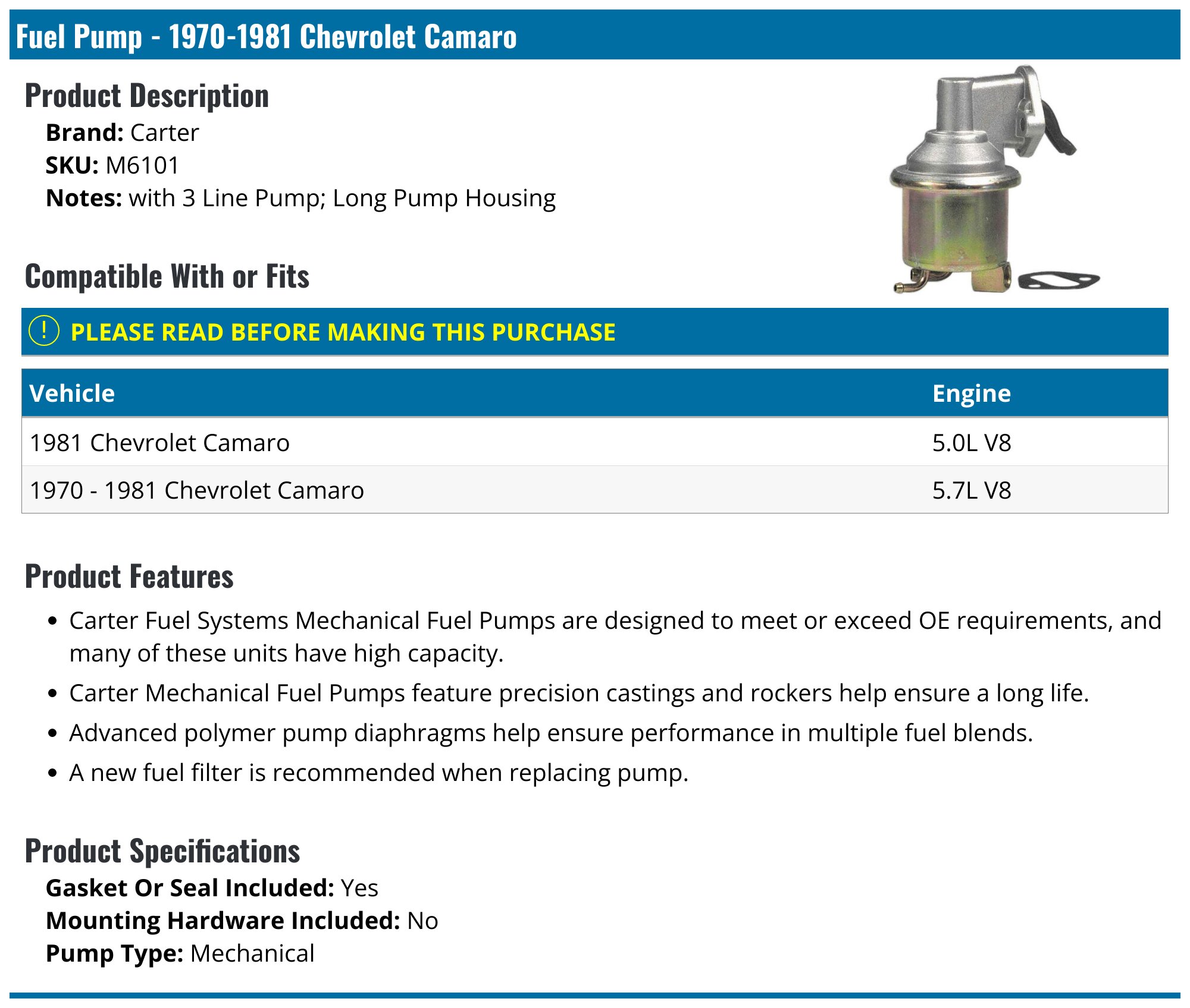 Fuel Pump For Chevrolet Camaro 1968-1980 – Fits 302/307/327/350 – Carter/Delphi – Aluminum